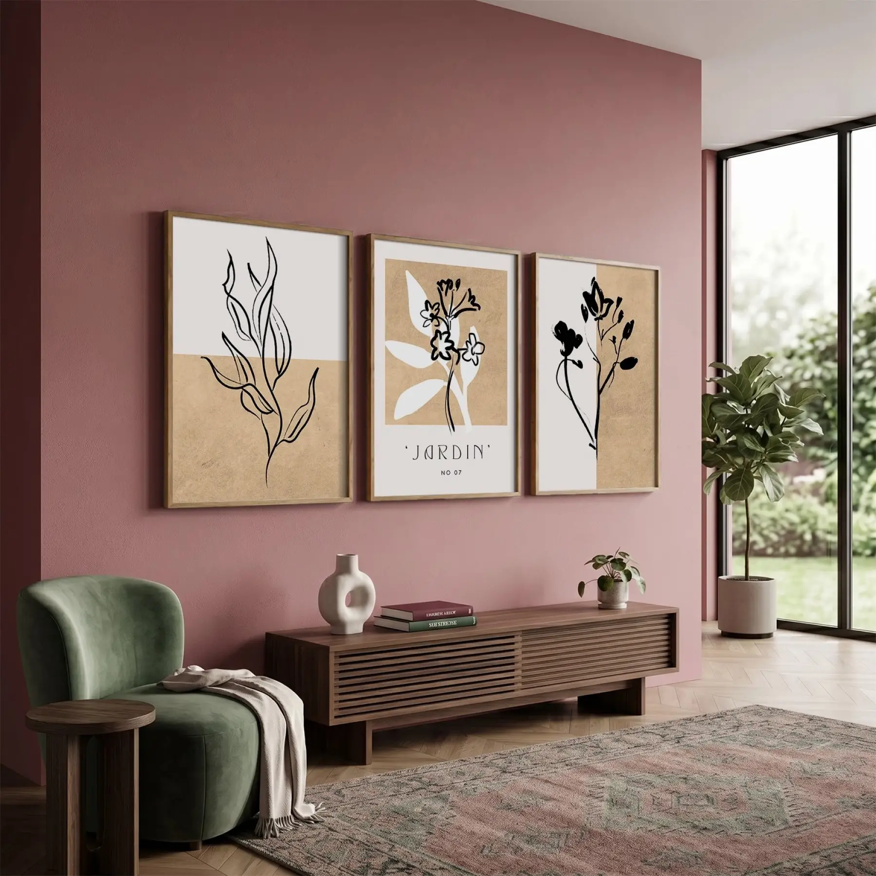 Minimalist Jardin Bitki Seti 3lü Ahşap Çerçeveli Tablo Seti Duvar Tablo Oda Dekorasyonu Dekoratif