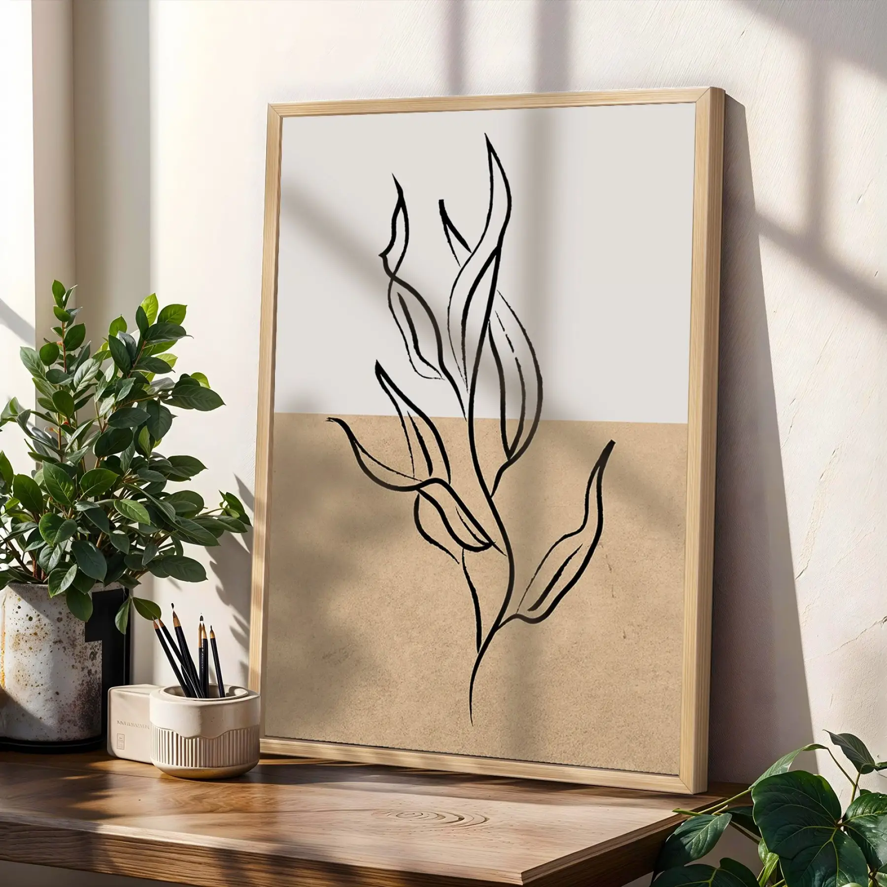Minimalist Jardin Bitki Seti 3lü Ahşap Çerçeveli Tablo Seti Duvar Tablo Oda Dekorasyonu Dekoratif