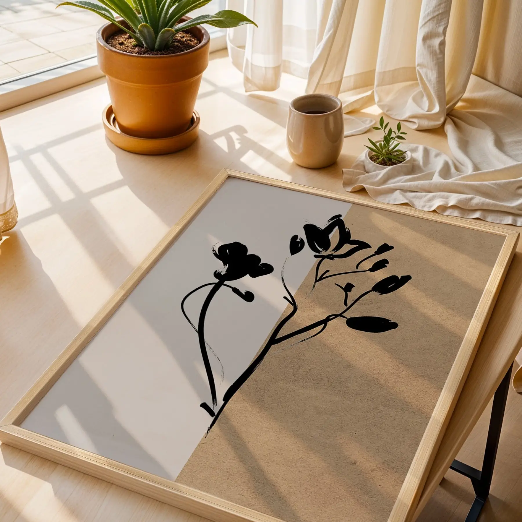 Minimalist Jardin Bitki Seti 3lü Ahşap Çerçeveli Tablo Seti Duvar Tablo Oda Dekorasyonu Dekoratif