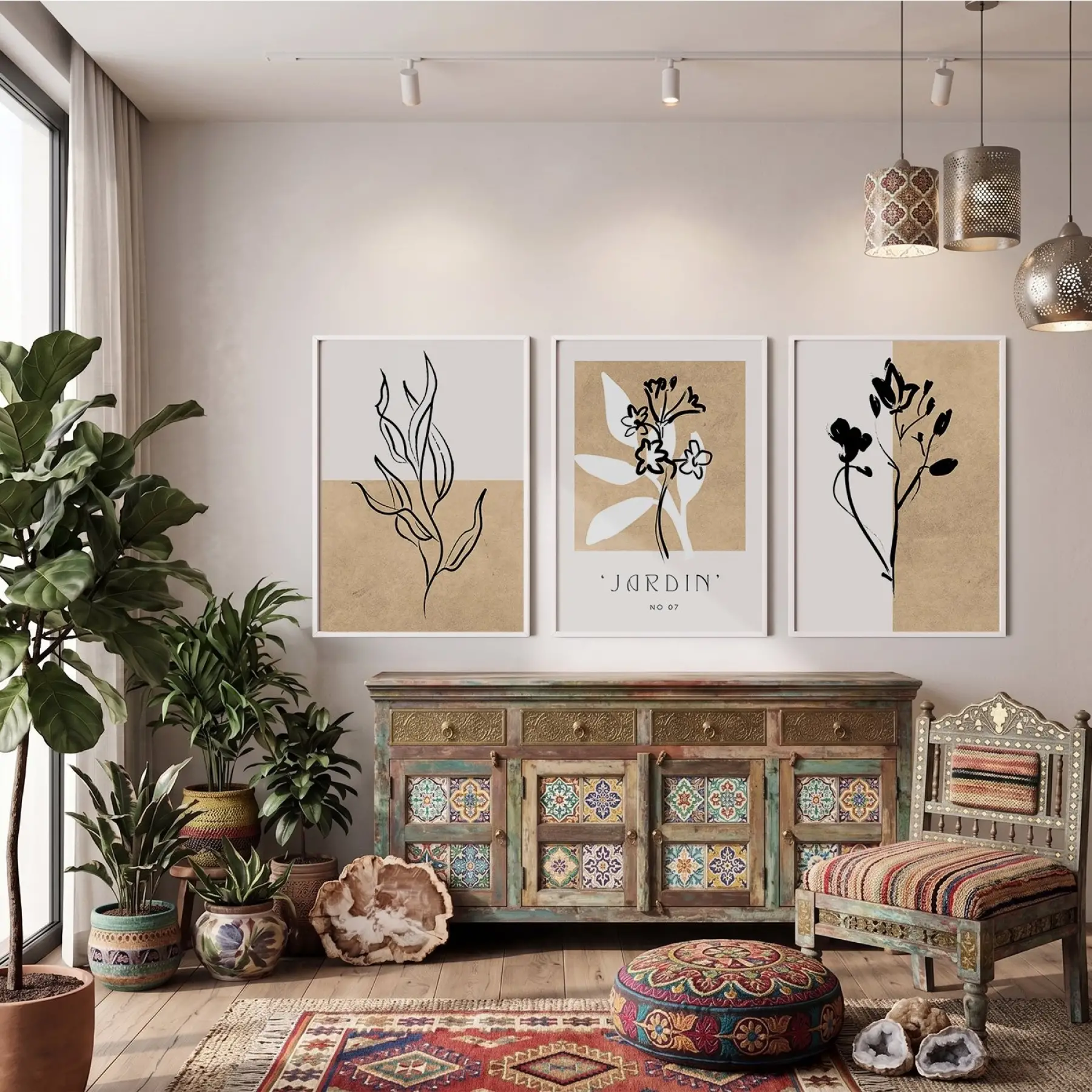 Minimalist Jardin Bitki Seti 3lü Beyaz Çerçeveli Tablo Seti Salon Duvar Tablo Poster Tablo