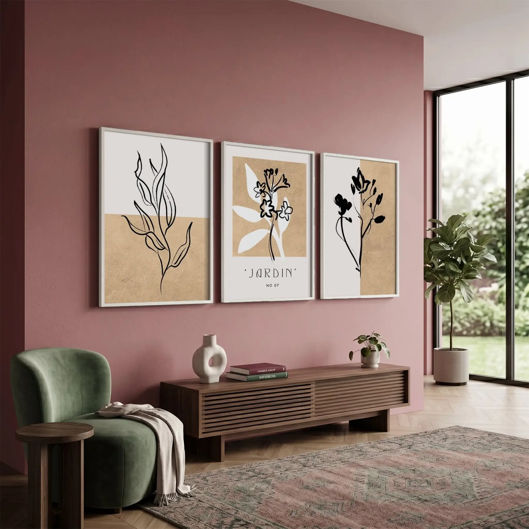 Minimalist Jardin Bitki Seti 3lü Beyaz Çerçeveli Tablo Seti Salon Duvar Tablo Poster Tablo
