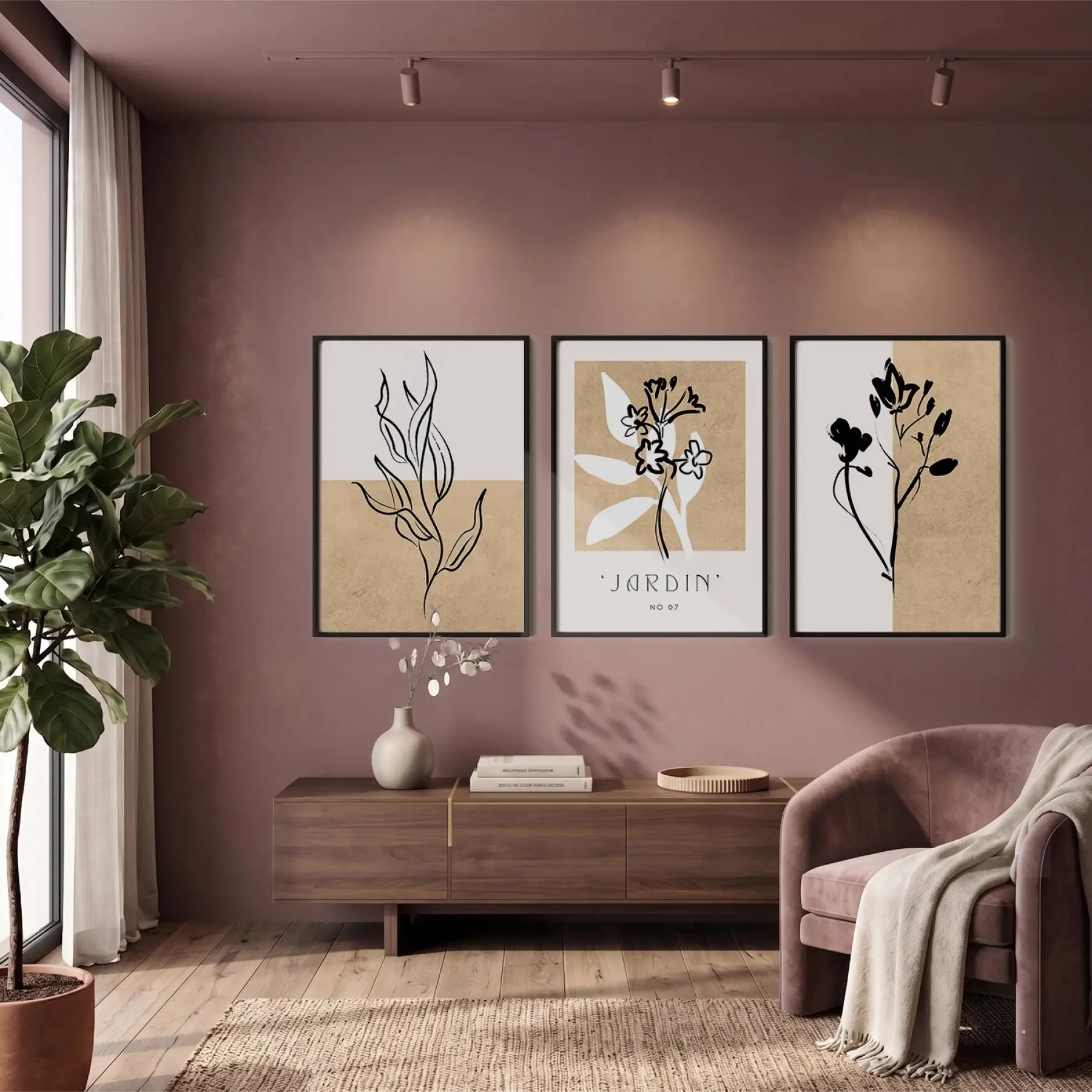 Minimalist Jardin Bitki Seti 3lü Siyah Çerçeveli Tablo Seti Salon Duvar Tablo Poster Tablo