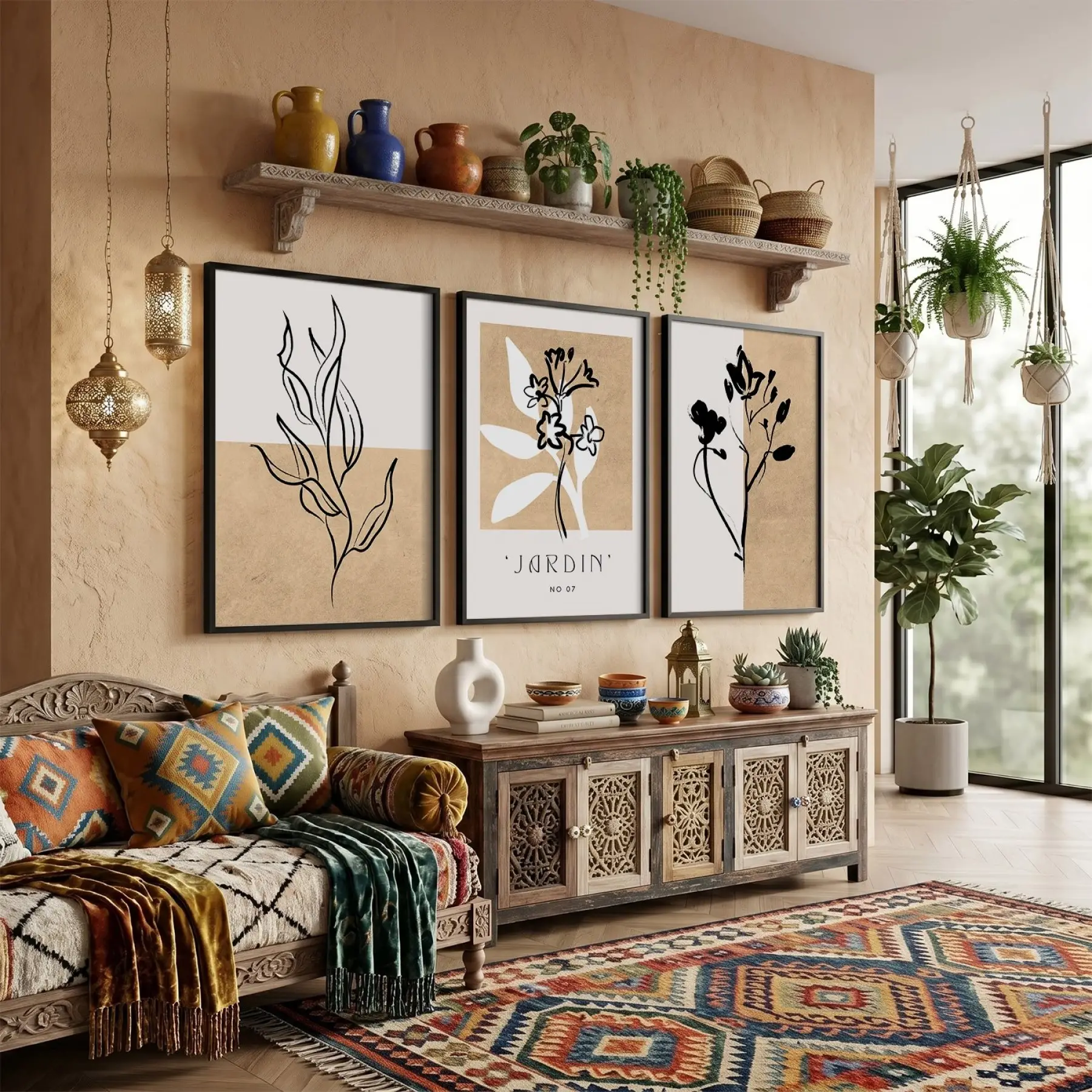 Minimalist Jardin Bitki Seti 3lü Siyah Çerçeveli Tablo Seti Salon Duvar Tablo Poster Tablo
