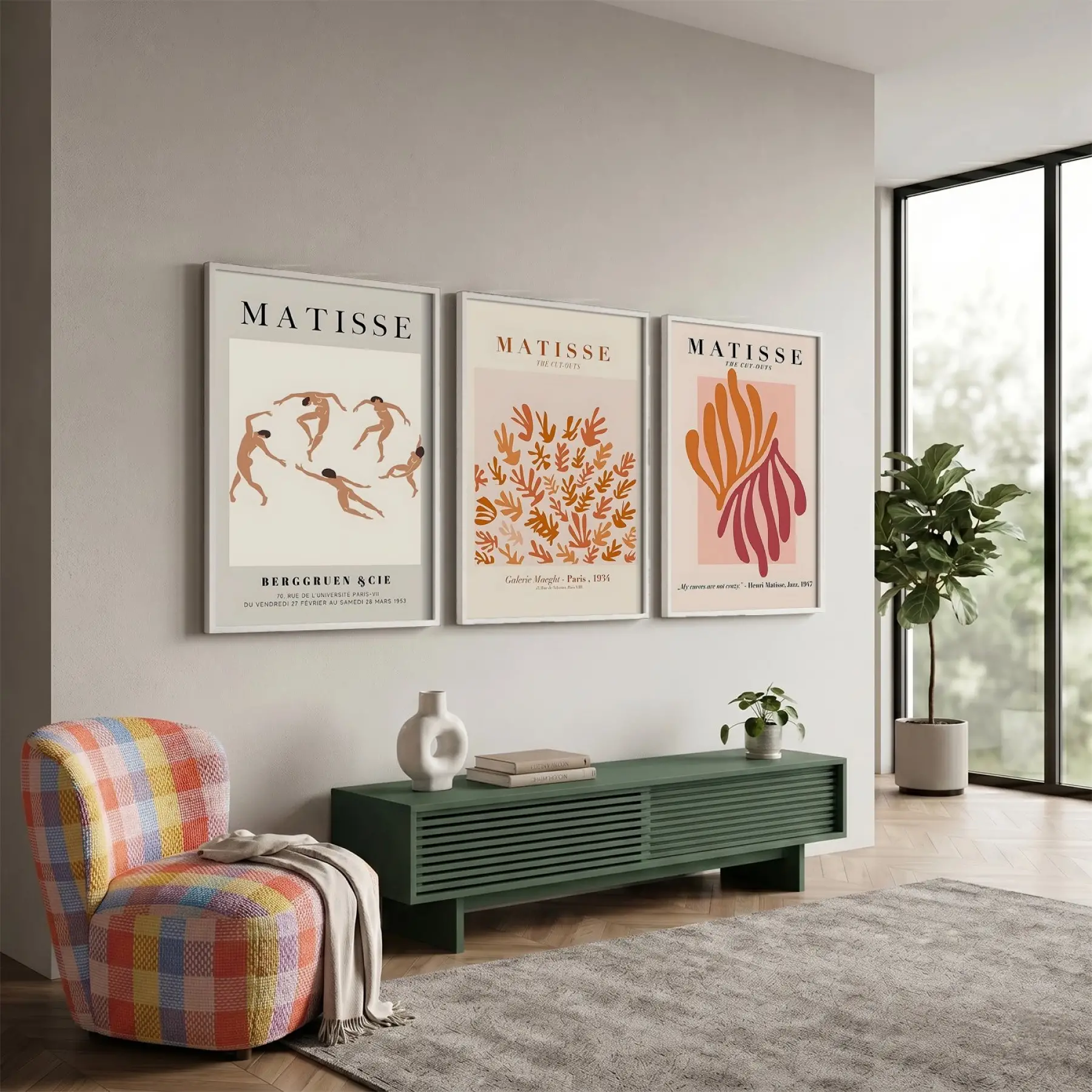 Matisse Dansı ve Doğal Formlar 3lü Beyaz Çerçeveli Tablo Seti Salon Duvar Tablo Poster Tablo