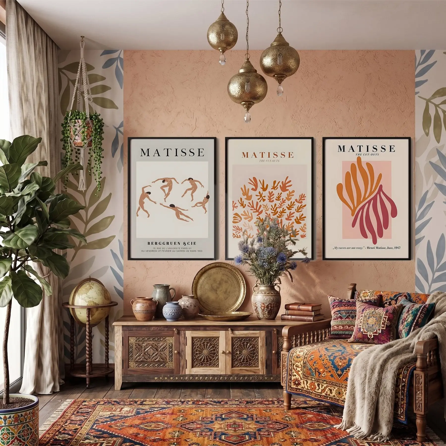 Matisse Dansı ve Doğal Formlar 3lü Siyah Çerçeveli Tablo Seti Tablo Çerçeve Salon Duvar Tablo Dekor