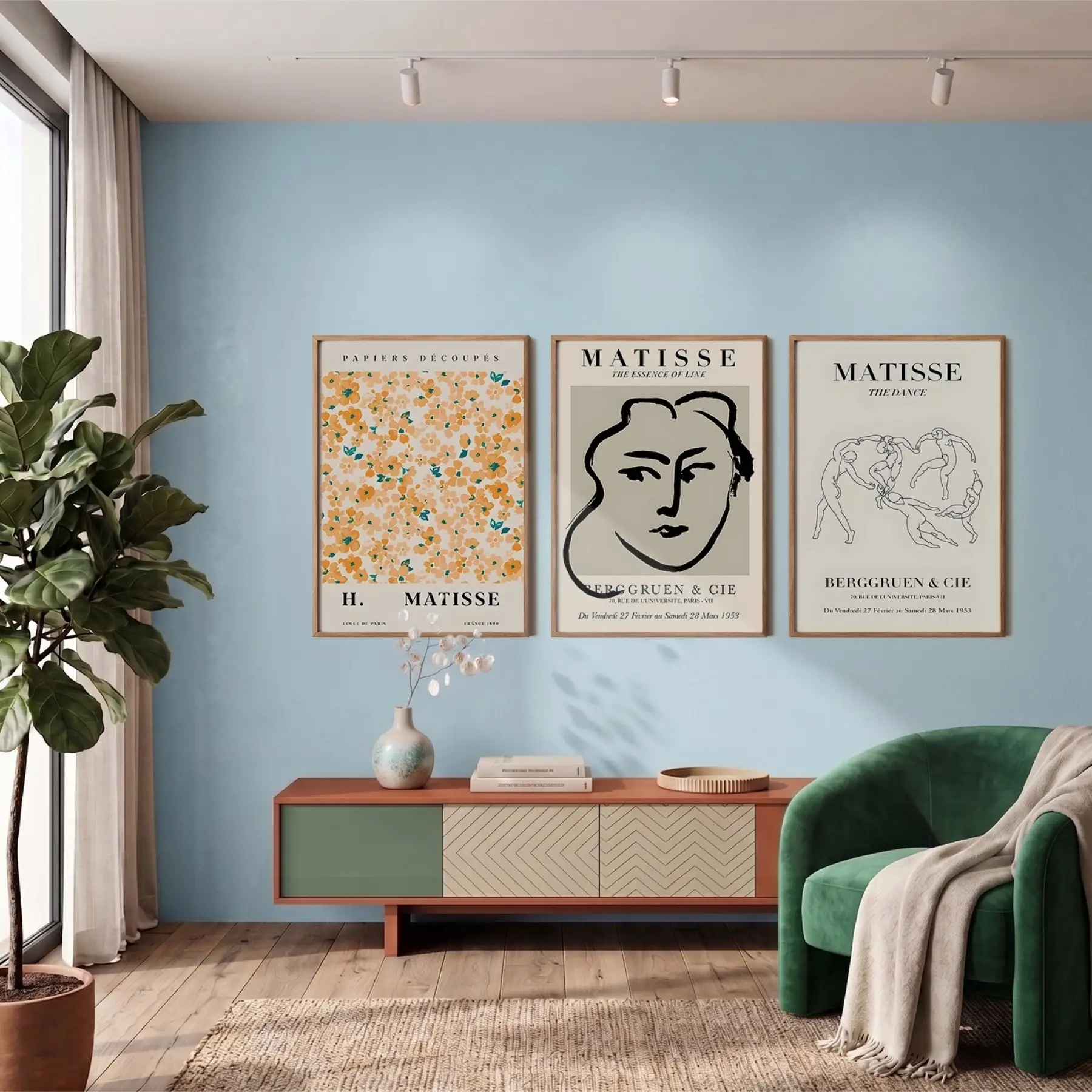 Matisse Esintili Soyut Sanat Üçlüsü 3lü Ahşap Çerçeveli Tablo Seti Salon Duvar Tablo Poster Tablo