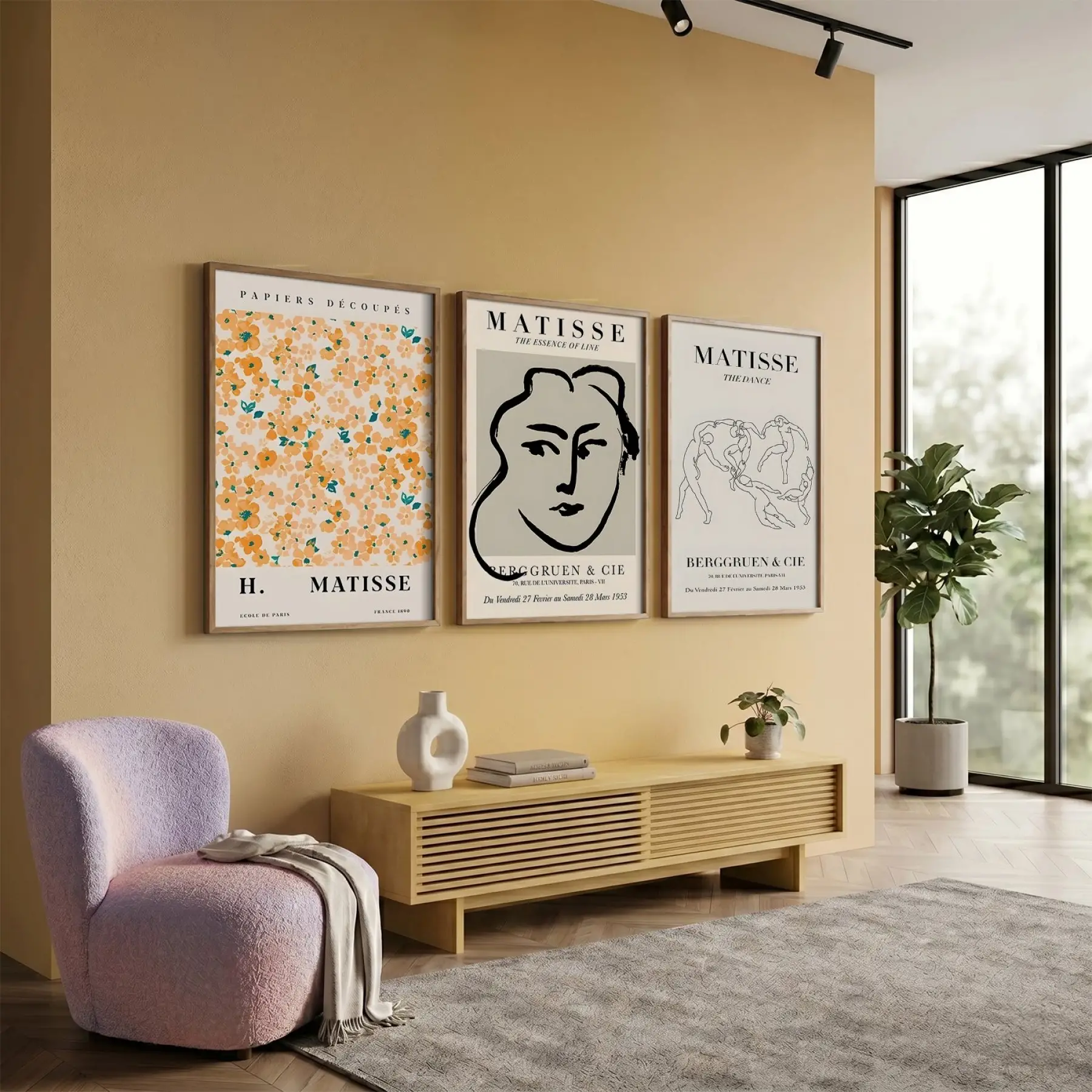 Matisse Esintili Soyut Sanat Üçlüsü 3lü Ahşap Çerçeveli Tablo Seti Salon Duvar Tablo Poster Tablo