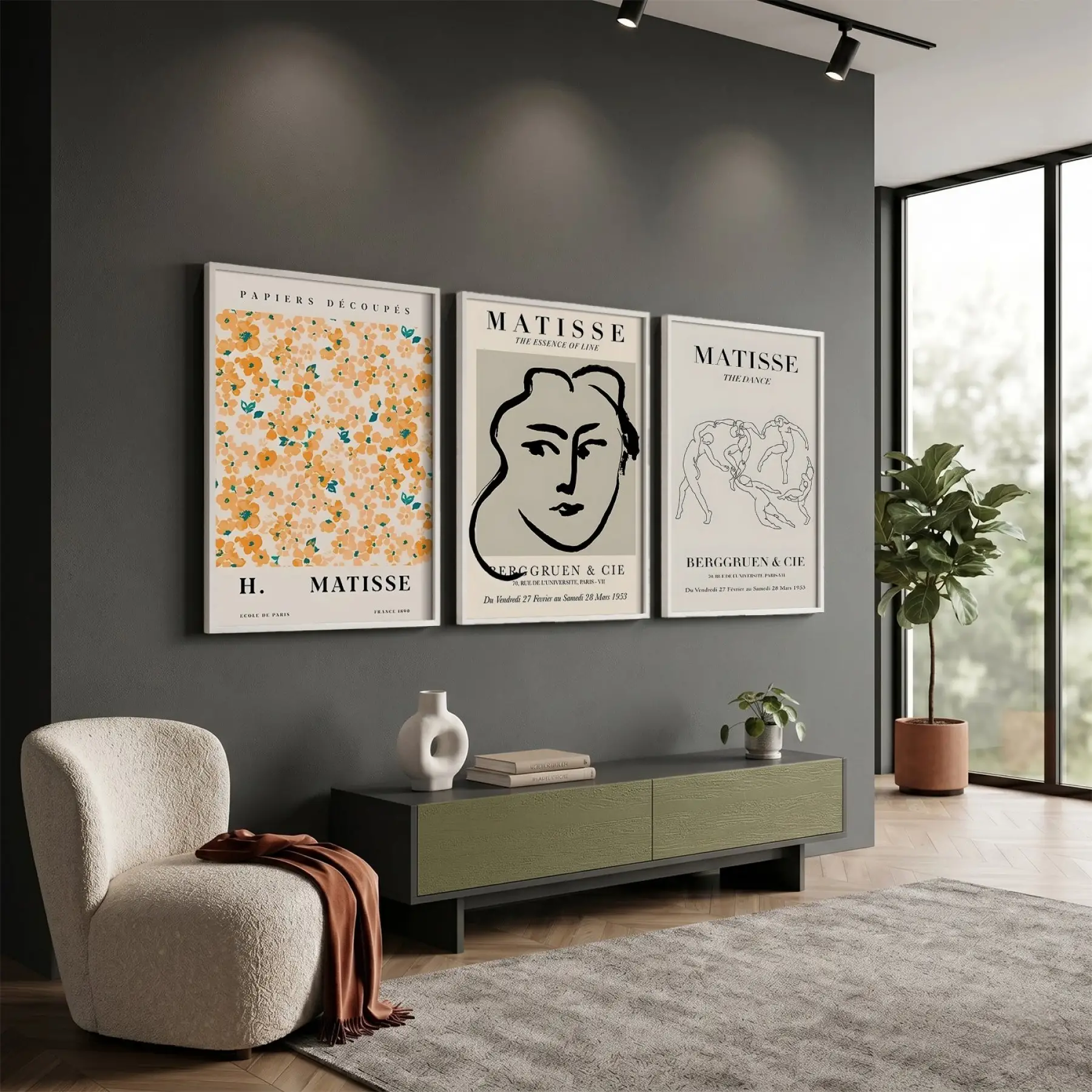 Matisse Esintili Soyut Sanat Üçlüsü 3lü Beyaz Çerçeveli Tablo Seti Resim Çerçevesi Tablo Salon