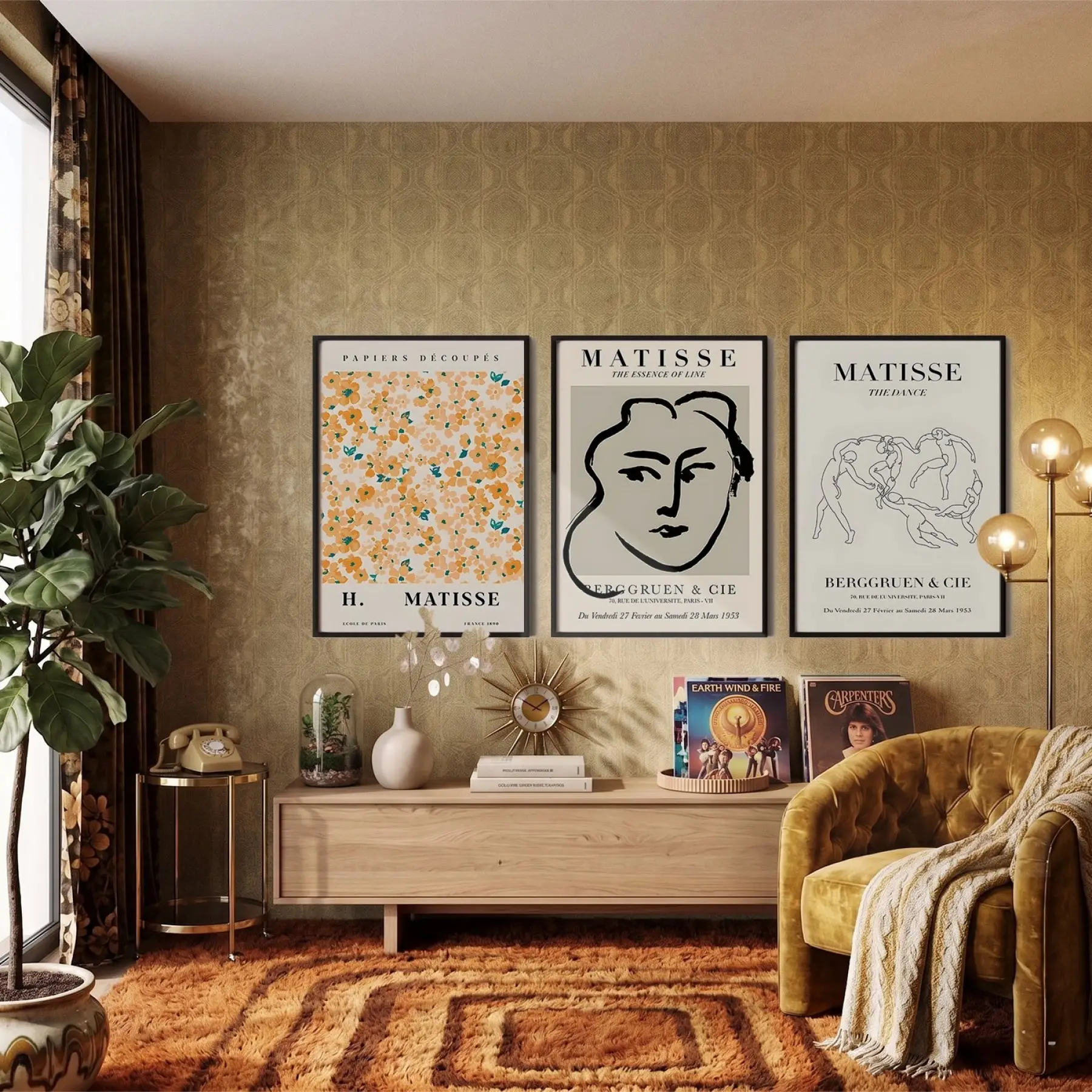 Matisse Esintili Soyut Sanat Üçlüsü 3lü Siyah Çerçeveli Tablo Seti Salon Duvar Tablo Poster Tablo