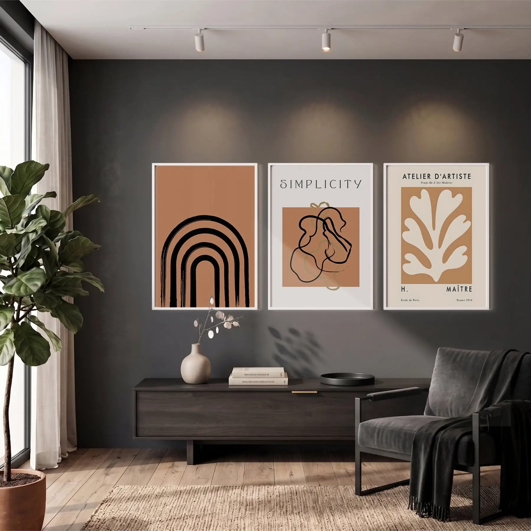 Soyut Formlar Toprak Palet 3lü Beyaz Çerçeveli Tablo Seti Salon Duvar Tablo Poster Tablo
