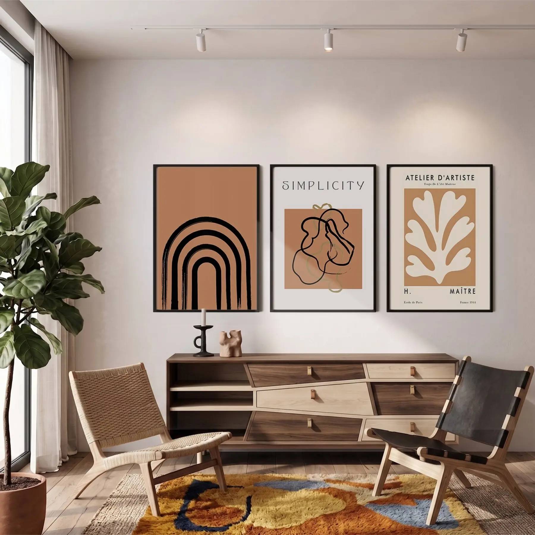 Soyut Formlar Toprak Palet 3lü Siyah Çerçeveli Tablo Seti Poster Tablo Resim Çerçevesi Dekoratif