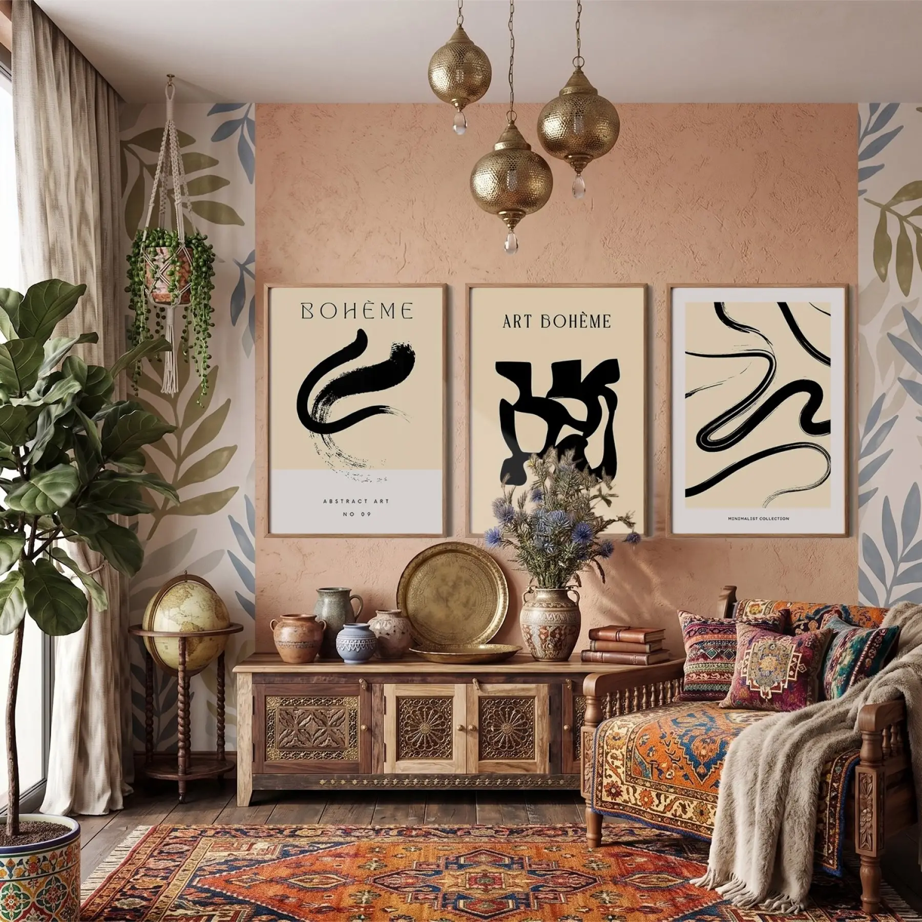Bohem Siyah Soyut Desenler 3lü Ahşap Çerçeveli Tablo Seti Bohem Tablo Poster Tablo Duvar Tablo Ev