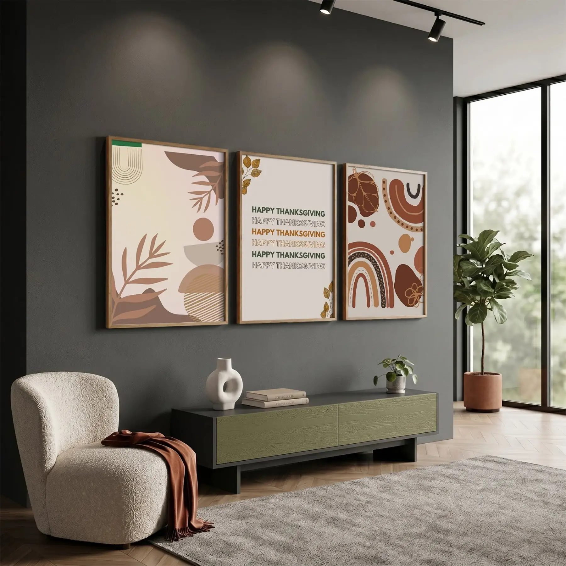 Şükran Günü Bohem Desenler 3lü Ahşap Çerçeveli Tablo Seti Bohem Tablo Salon Duvar Tablo Poster