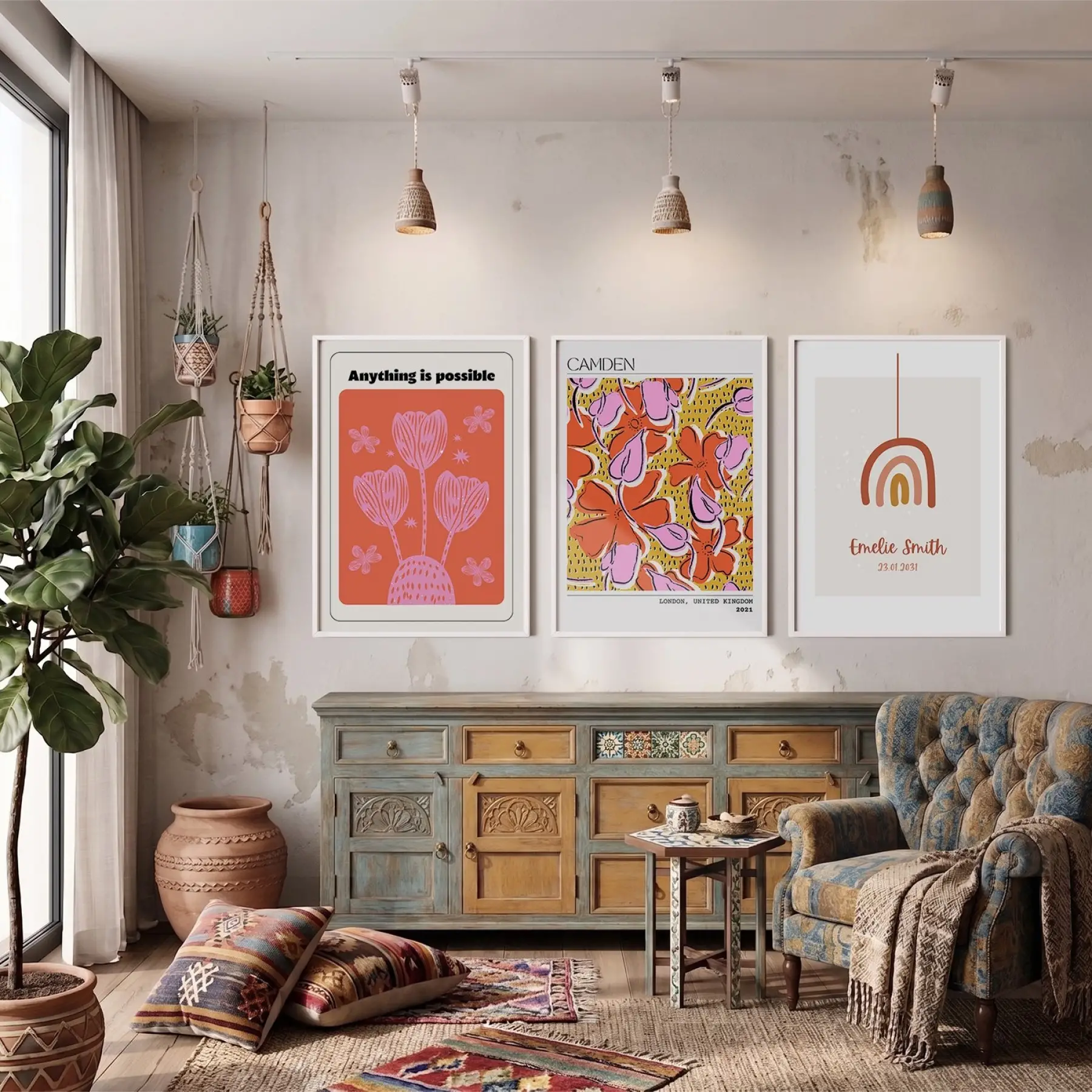 Canlı Retro Çiçekler ve Gökkuşağı 3lü Beyaz Çerçeveli Tablo Seti Bohem Tablo Poster Tablo Resim