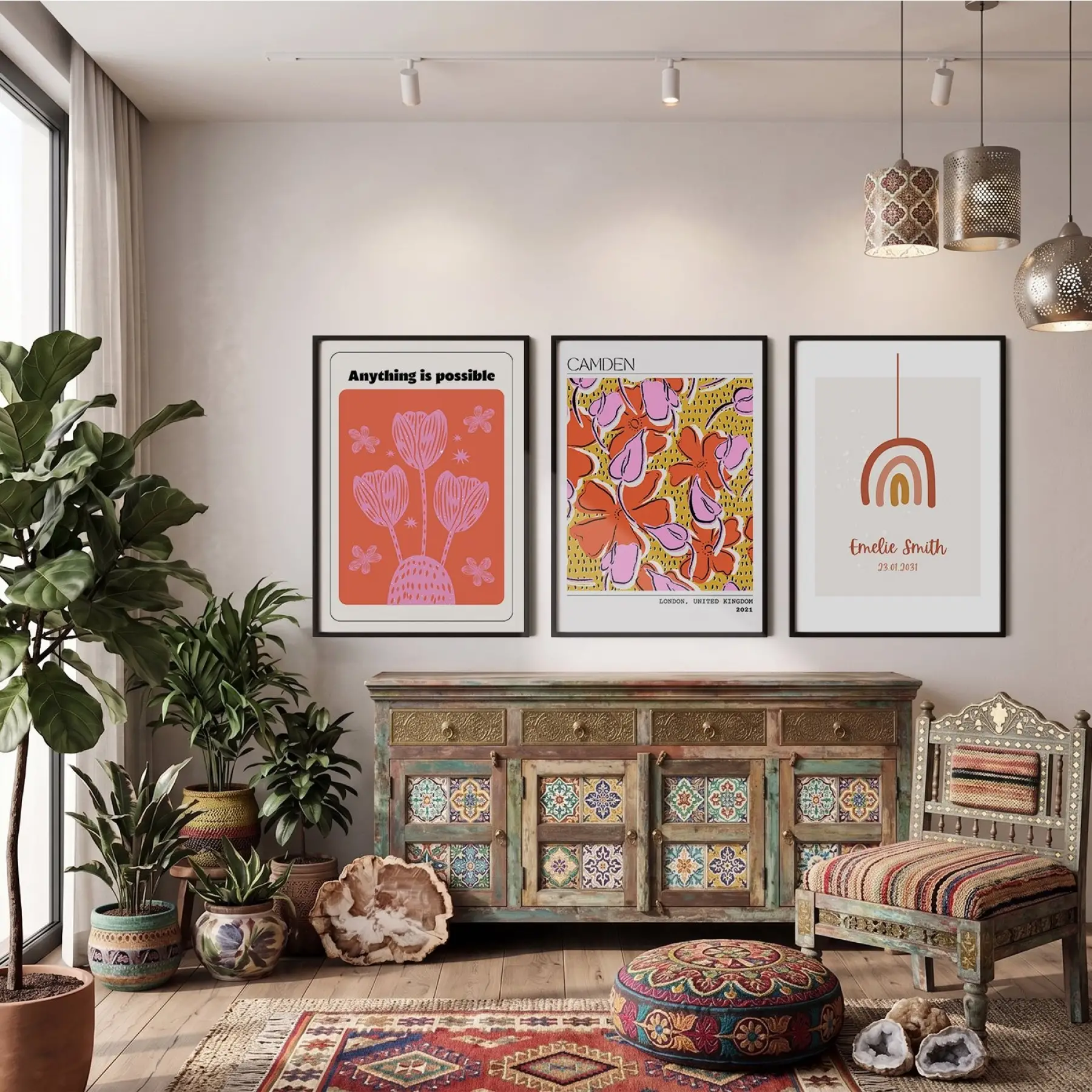 Canlı Retro Çiçekler ve Gökkuşağı 3lü Siyah Çerçeveli Tablo Seti Bohem Tablo Poster Tablo Resim