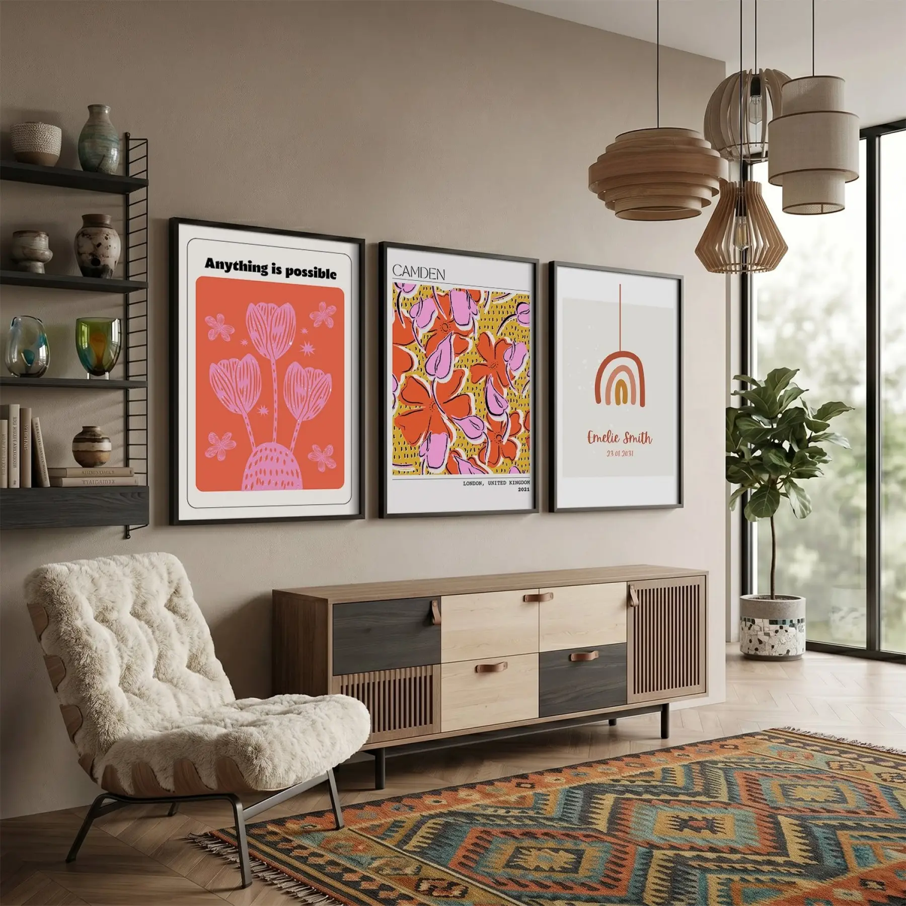 Canlı Retro Çiçekler ve Gökkuşağı 3lü Siyah Çerçeveli Tablo Seti Bohem Tablo Poster Tablo Resim