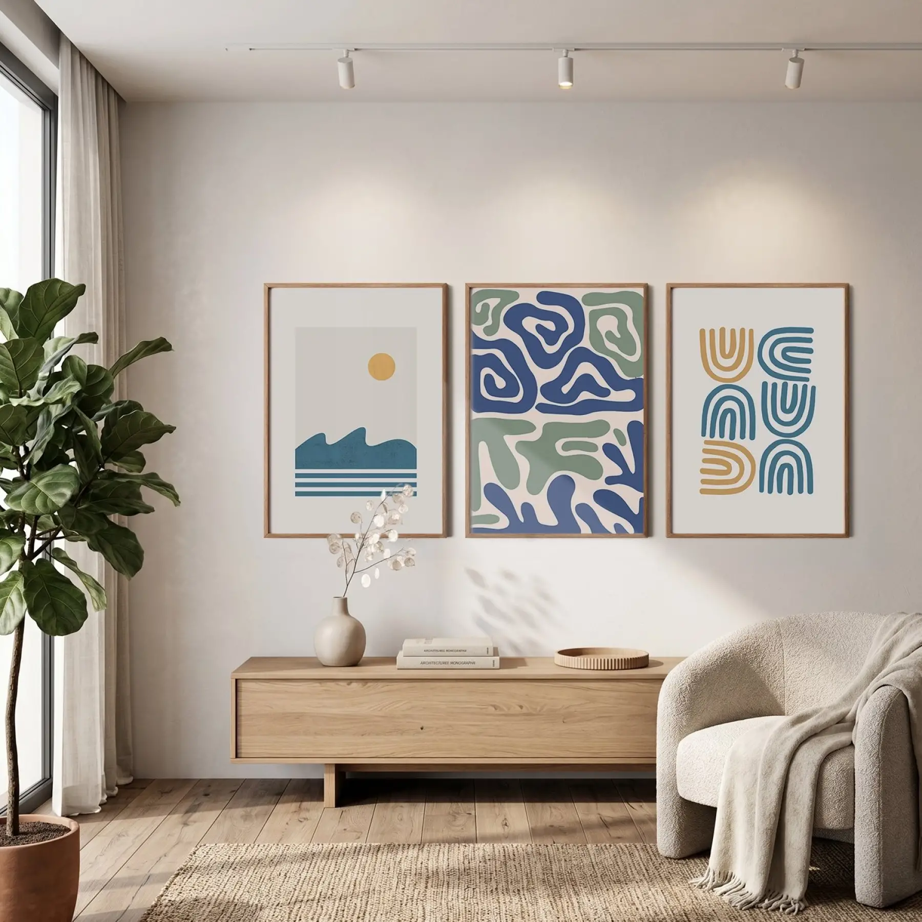 Mavi Yeşil Minimalist Desenler 3lü Ahşap Çerçeveli Tablo Seti Poster Tablo Resim Çerçevesi