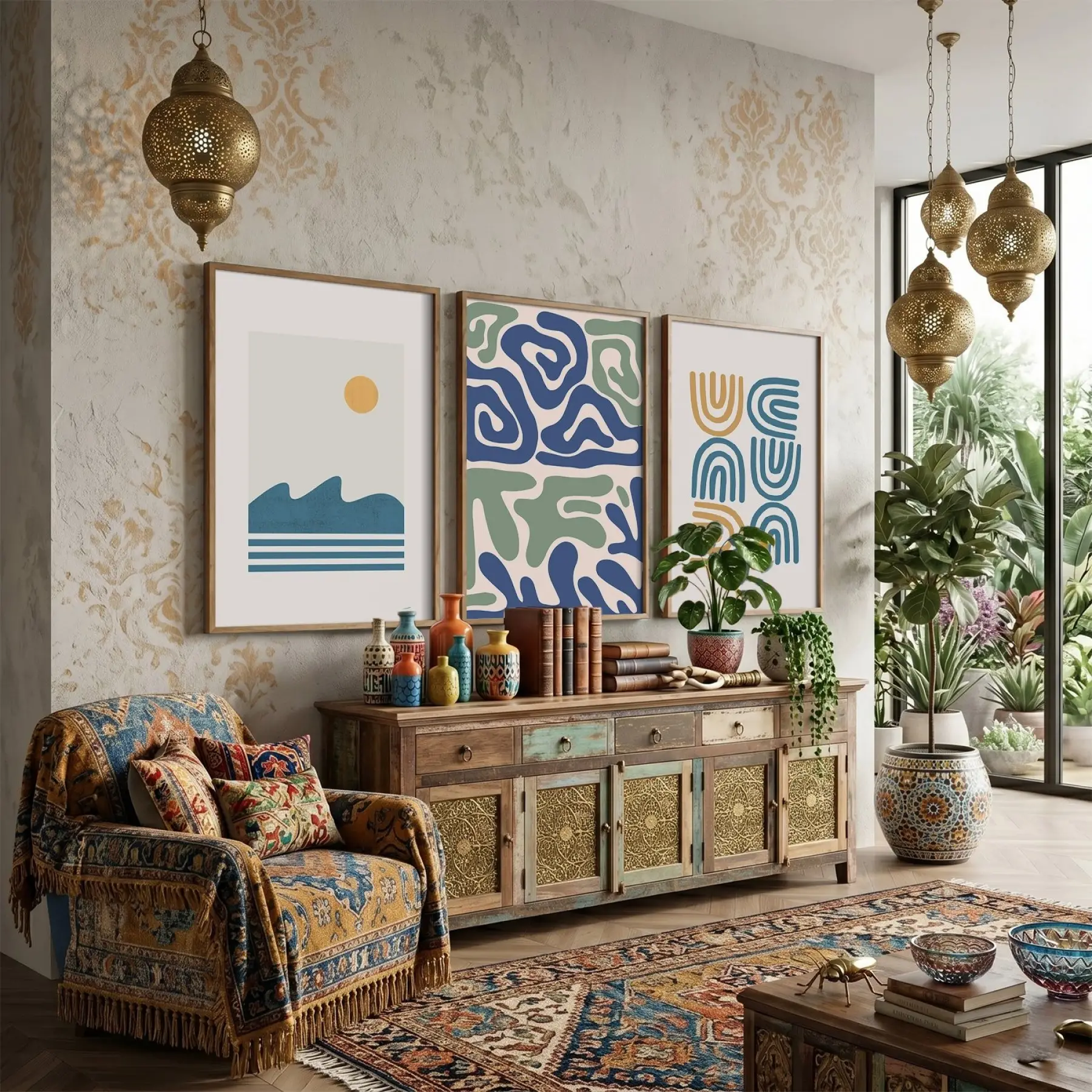 Mavi Yeşil Minimalist Desenler 3lü Ahşap Çerçeveli Tablo Seti Poster Tablo Resim Çerçevesi