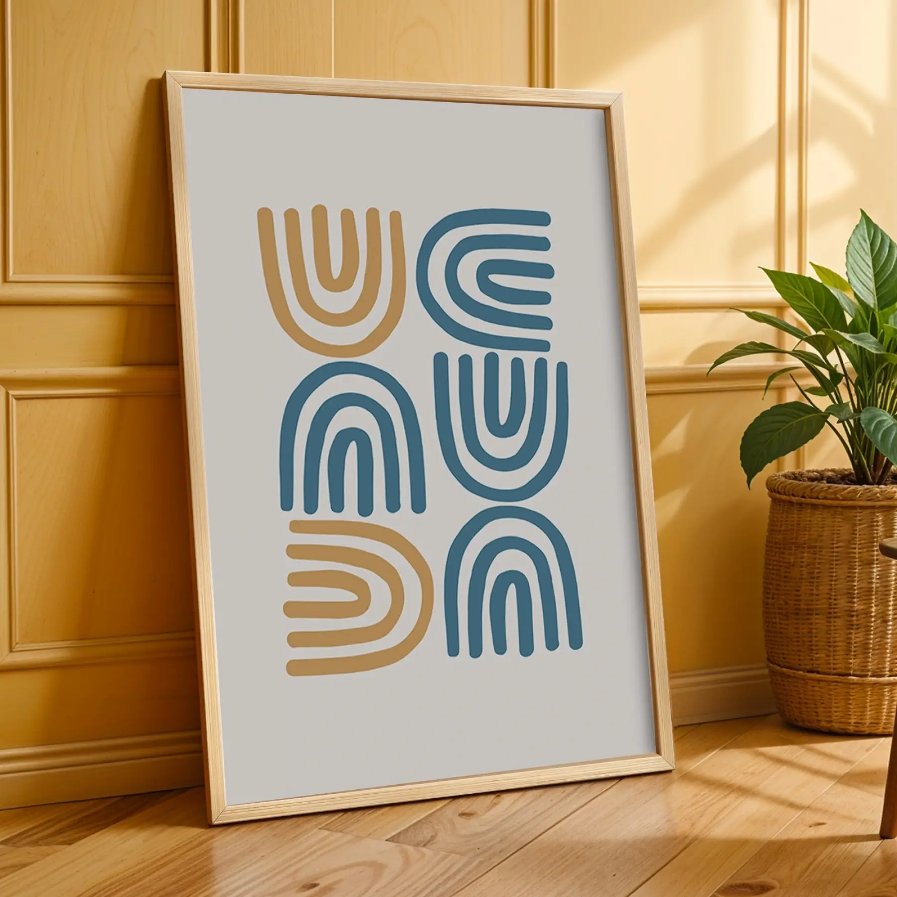 Mavi Yeşil Minimalist Desenler 3lü Ahşap Çerçeveli Tablo Seti Poster Tablo Resim Çerçevesi