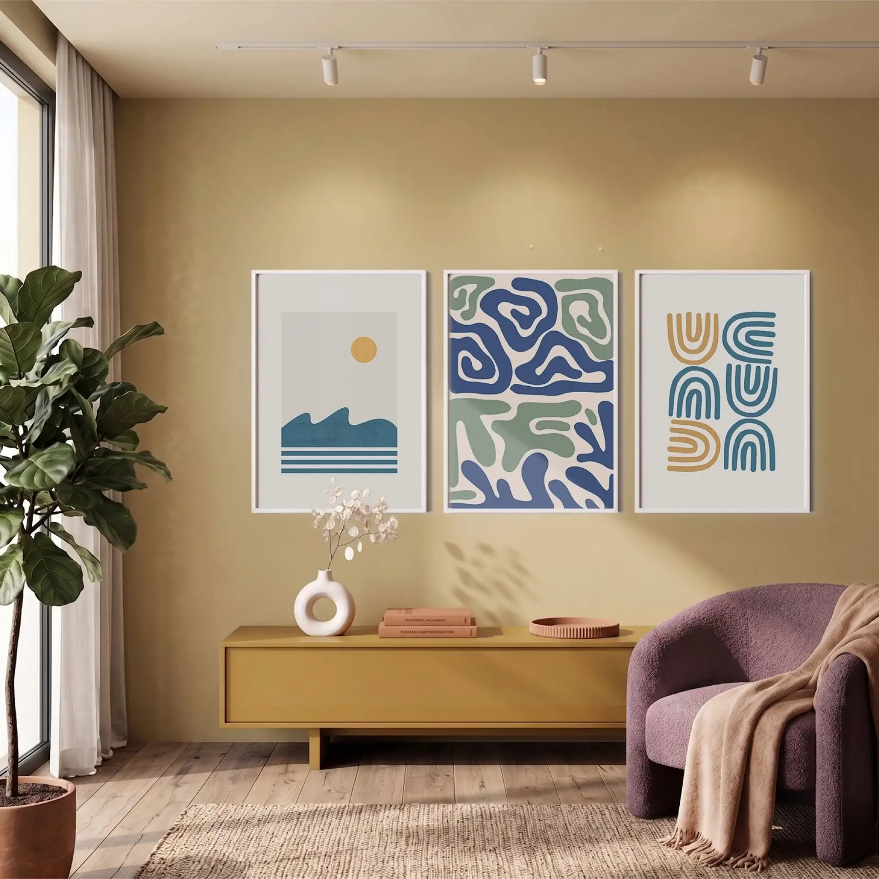 Mavi Yeşil Minimalist Desenler 3lü Beyaz Çerçeveli Tablo Seti Tablo Çerçeve Salon Duvar Tablo Dekor
