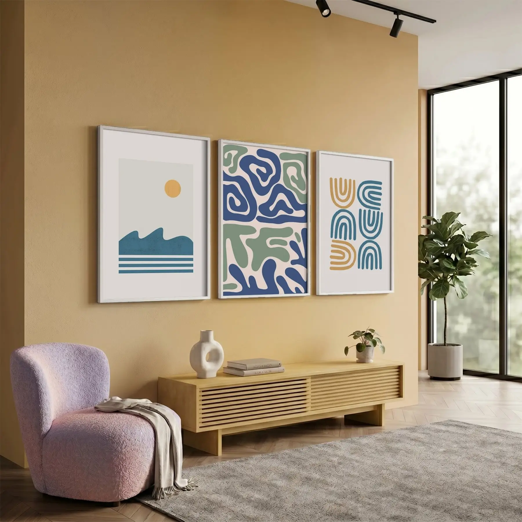 Mavi Yeşil Minimalist Desenler 3lü Beyaz Çerçeveli Tablo Seti Tablo Çerçeve Salon Duvar Tablo Dekor