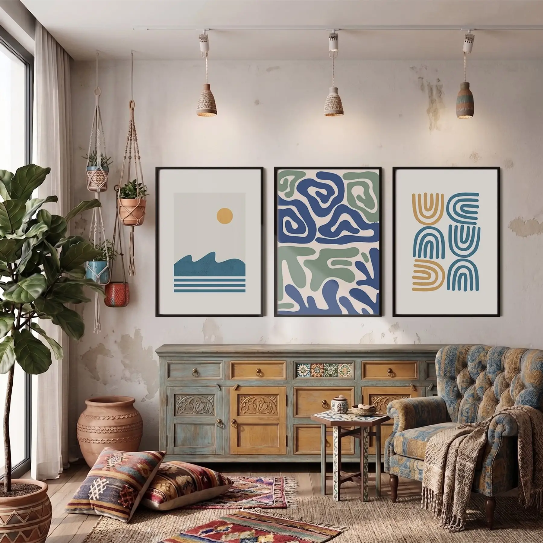 Mavi Yeşil Minimalist Desenler 3lü Siyah Çerçeveli Tablo Seti Resim Çerçevesi Tablo Salon