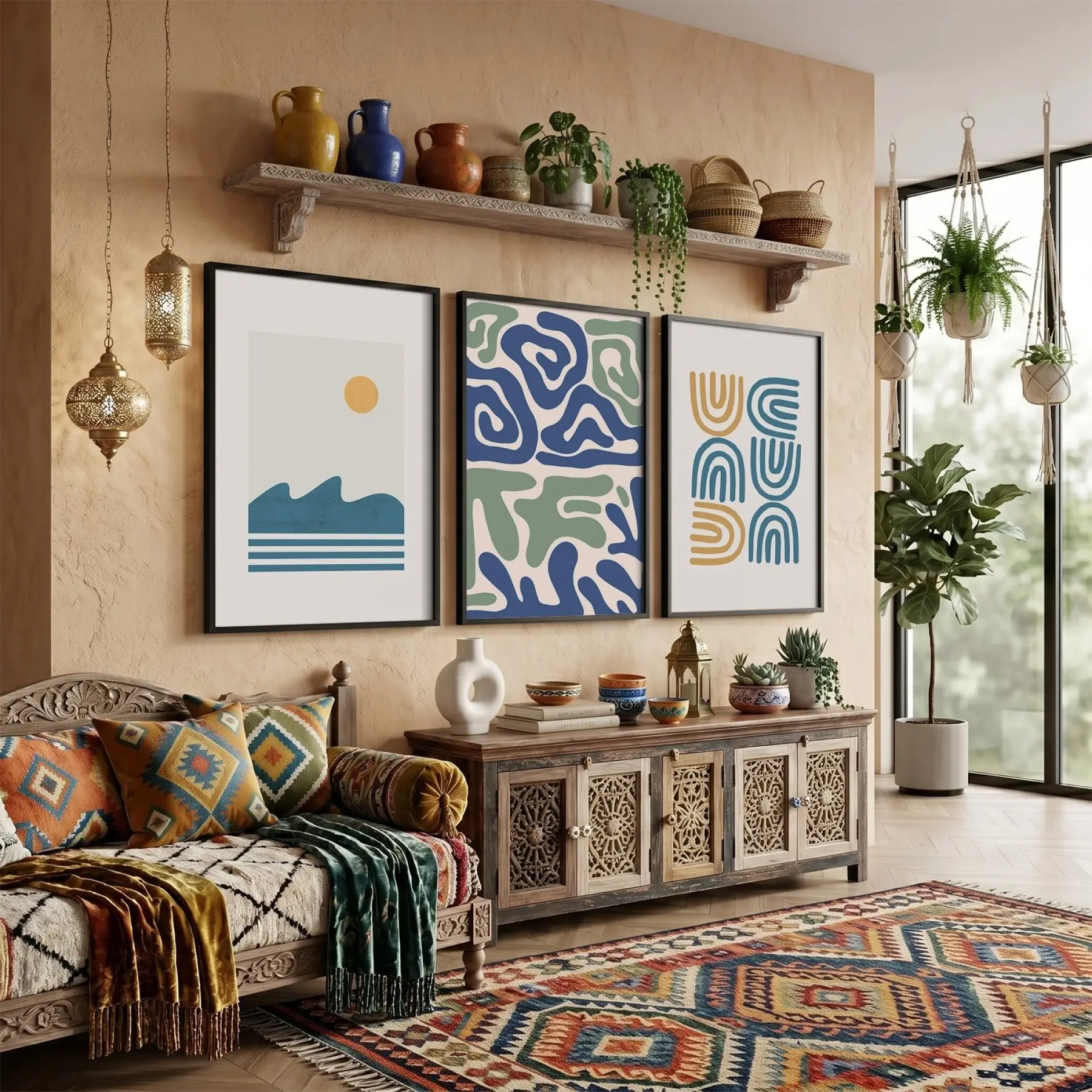 Mavi Yeşil Minimalist Desenler 3lü Siyah Çerçeveli Tablo Seti Resim Çerçevesi Tablo Salon