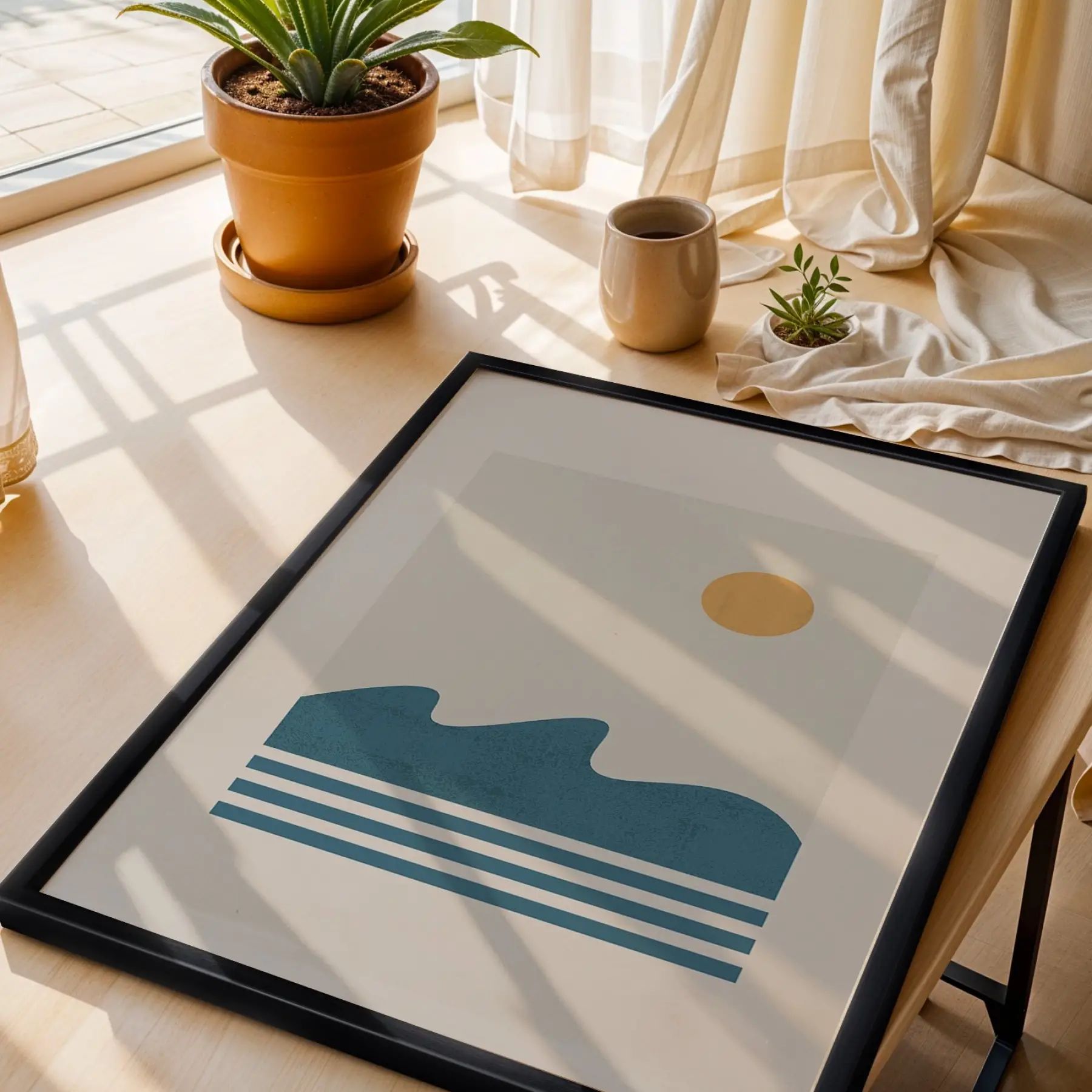 Mavi Yeşil Minimalist Desenler 3lü Siyah Çerçeveli Tablo Seti Resim Çerçevesi Tablo Salon