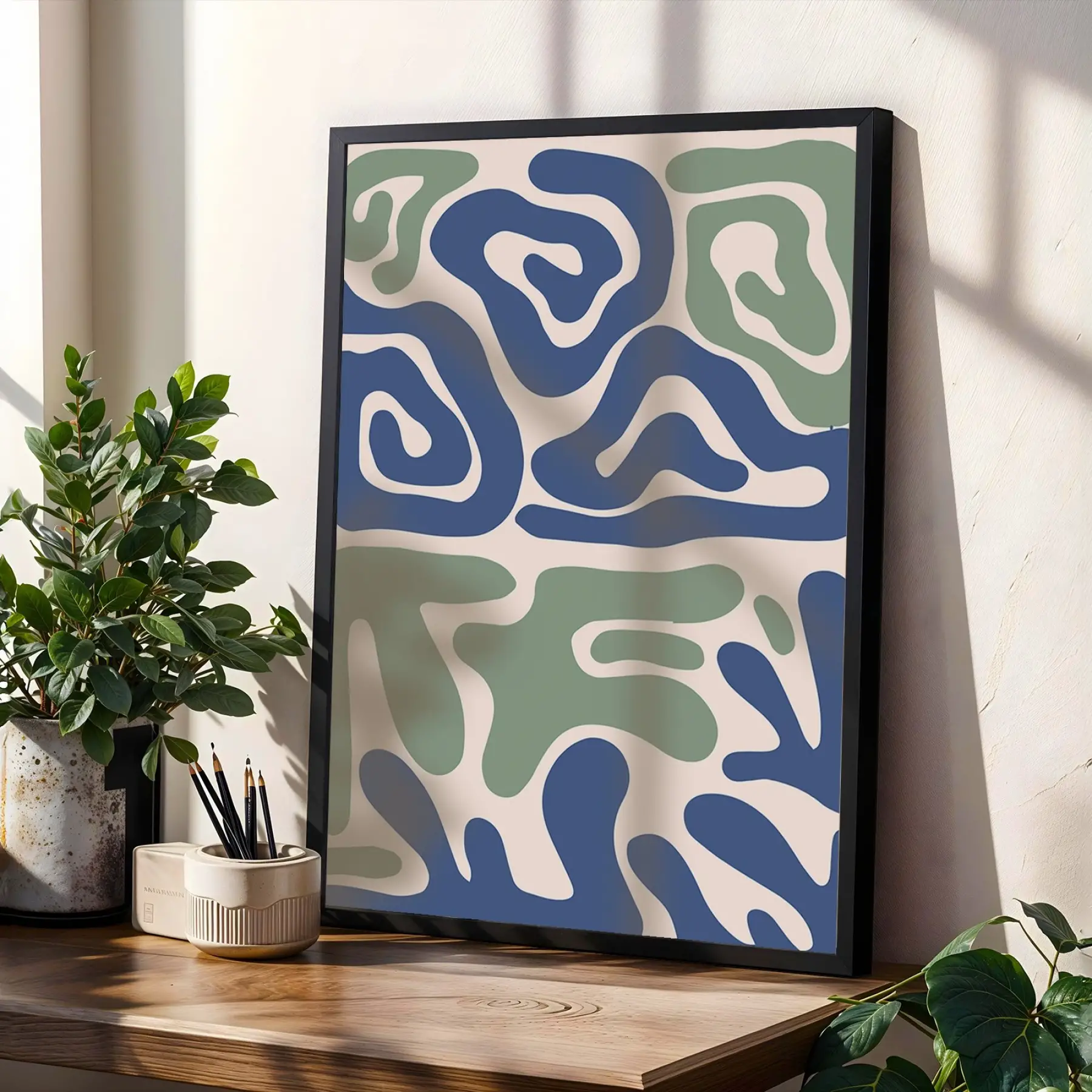 Mavi Yeşil Minimalist Desenler 3lü Siyah Çerçeveli Tablo Seti Resim Çerçevesi Tablo Salon
