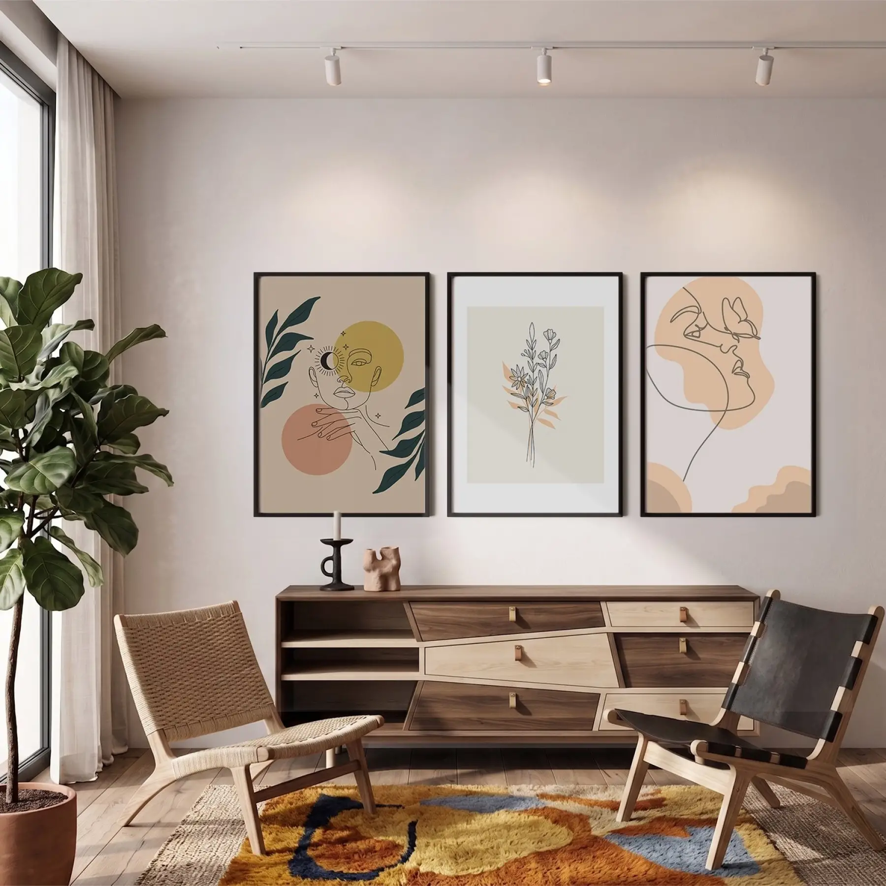 Bohem Çizgi Sanatı Portreler 3lü Siyah Çerçeveli Tablo Seti Bohem Tablo Poster Tablo Resim