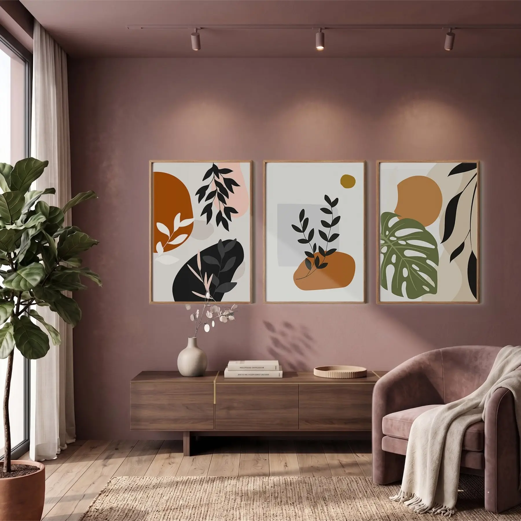 Organik Eğriler Yaprak Motifleri 3lü Ahşap Çerçeveli Tablo Seti Salon Duvar Tablo Poster Tablo