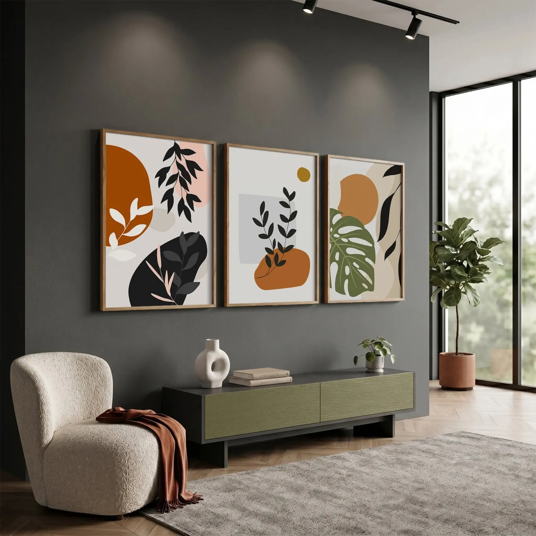 Organik Eğriler Yaprak Motifleri 3lü Ahşap Çerçeveli Tablo Seti Salon Duvar Tablo Poster Tablo
