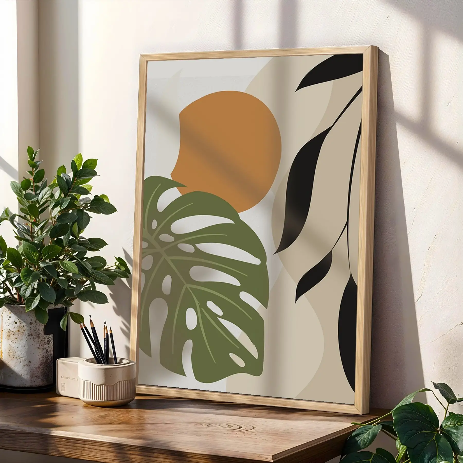 Organik Eğriler Yaprak Motifleri 3lü Ahşap Çerçeveli Tablo Seti Salon Duvar Tablo Poster Tablo