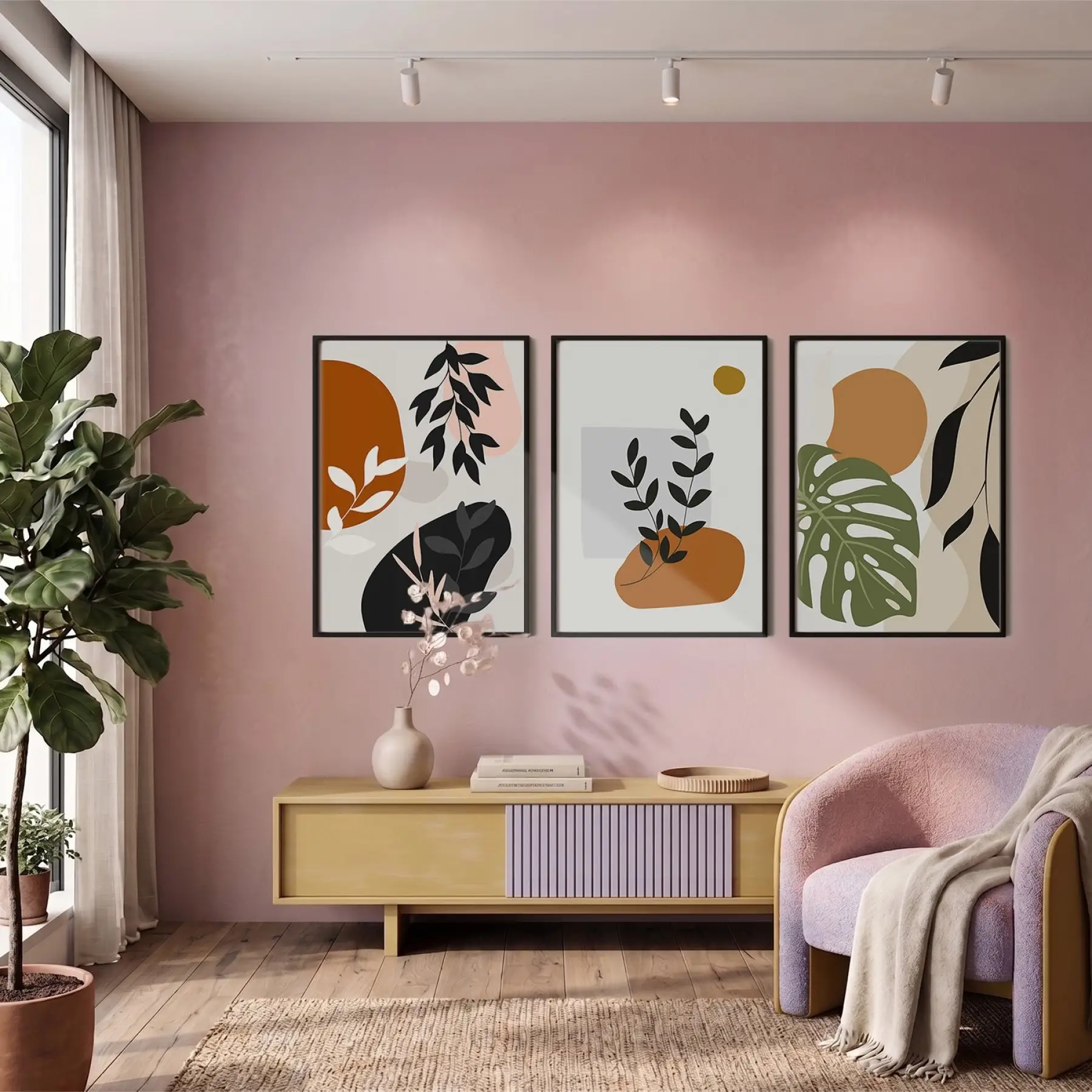Organik Eğriler Yaprak Motifleri 3lü Siyah Çerçeveli Tablo Seti Tablo Çerçeve Salon Duvar Tablo