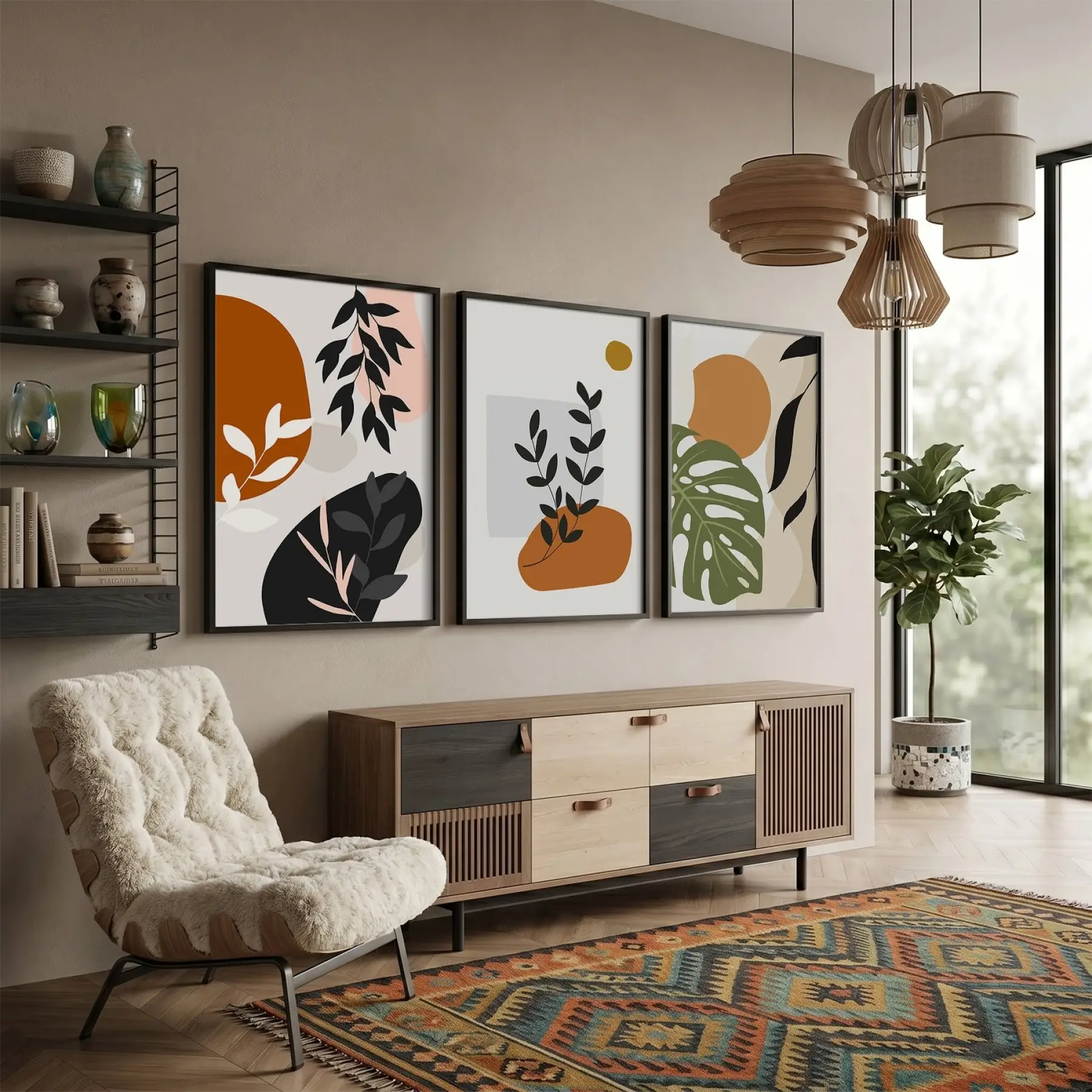 Organik Eğriler Yaprak Motifleri 3lü Siyah Çerçeveli Tablo Seti Tablo Çerçeve Salon Duvar Tablo