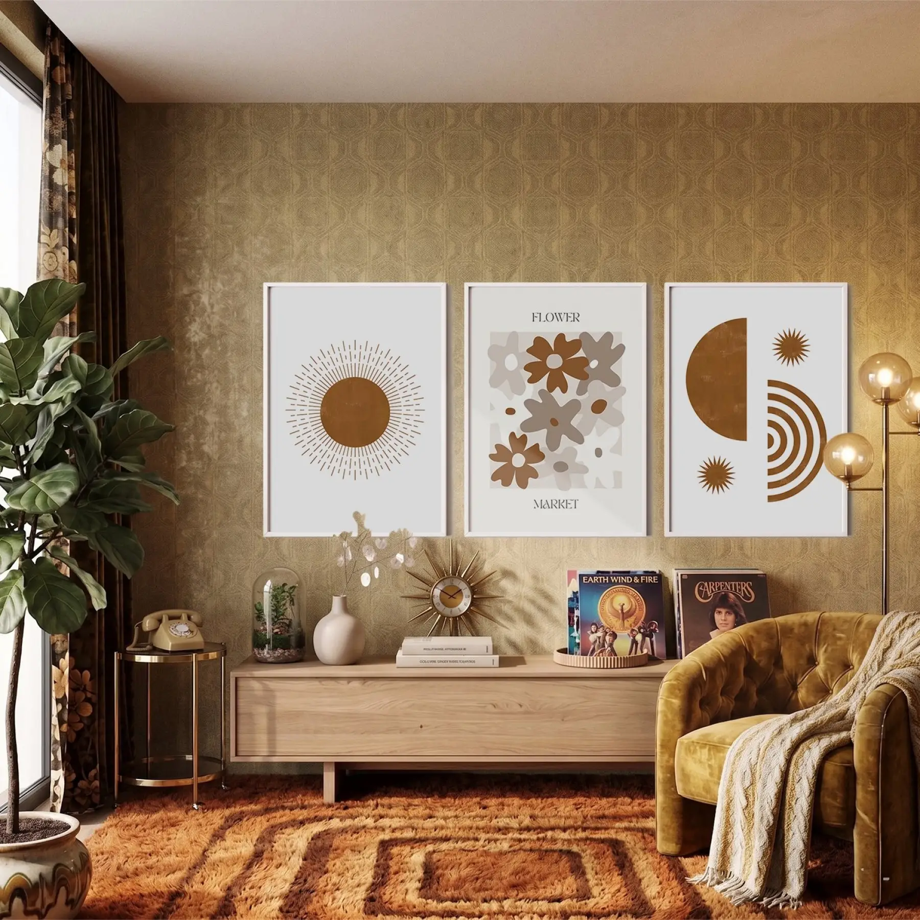 Toprak Tonları Bohem Sanat Seti 3lü Beyaz Çerçeveli Tablo Seti Bohem Tablo Poster Tablo Resim