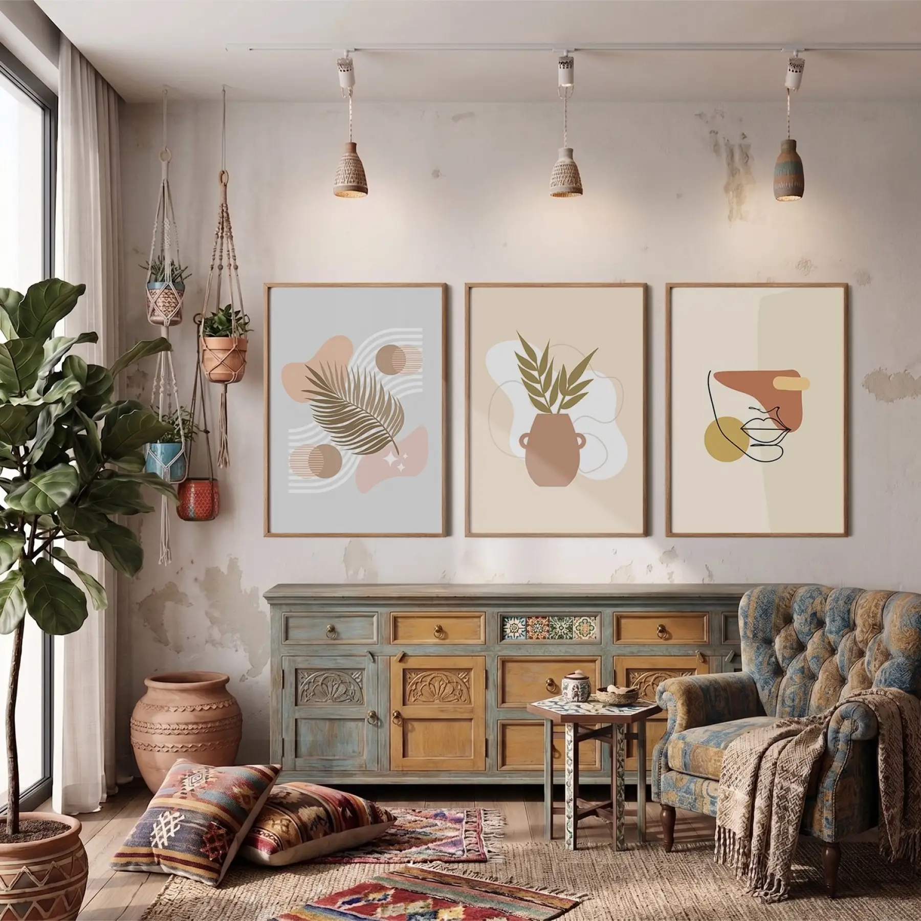 Doğal Soyut Formlar 3lü Ahşap Çerçeveli Tablo Seti Salon Duvar Tablo Poster Tablo