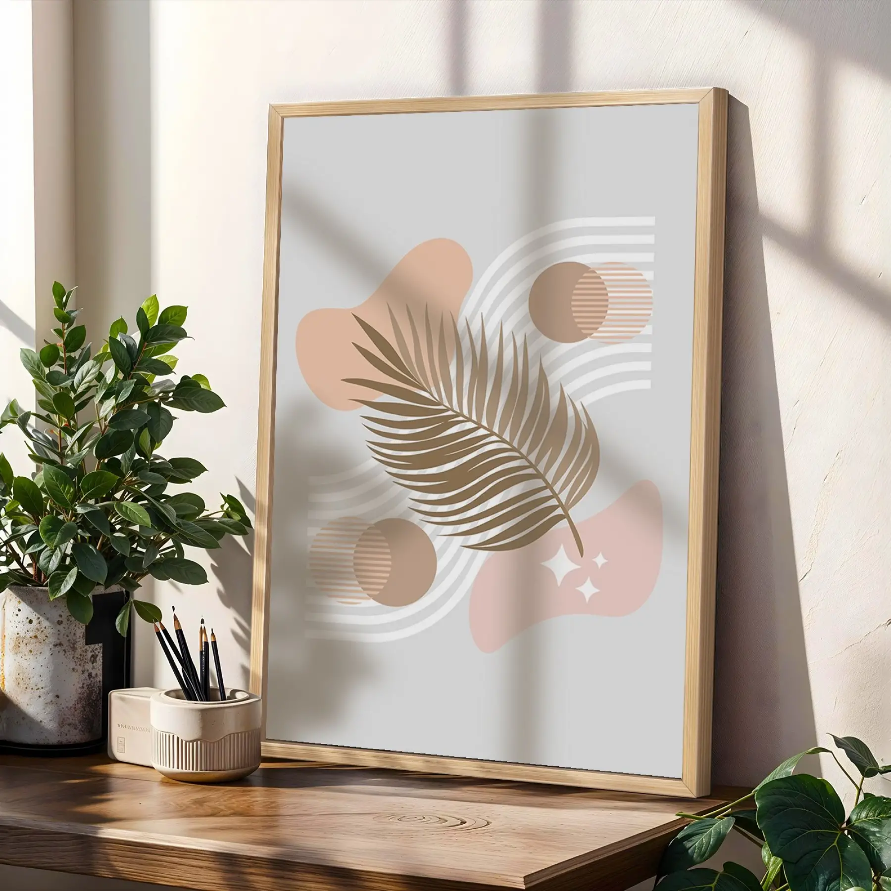Doğal Soyut Formlar 3lü Ahşap Çerçeveli Tablo Seti Salon Duvar Tablo Poster Tablo
