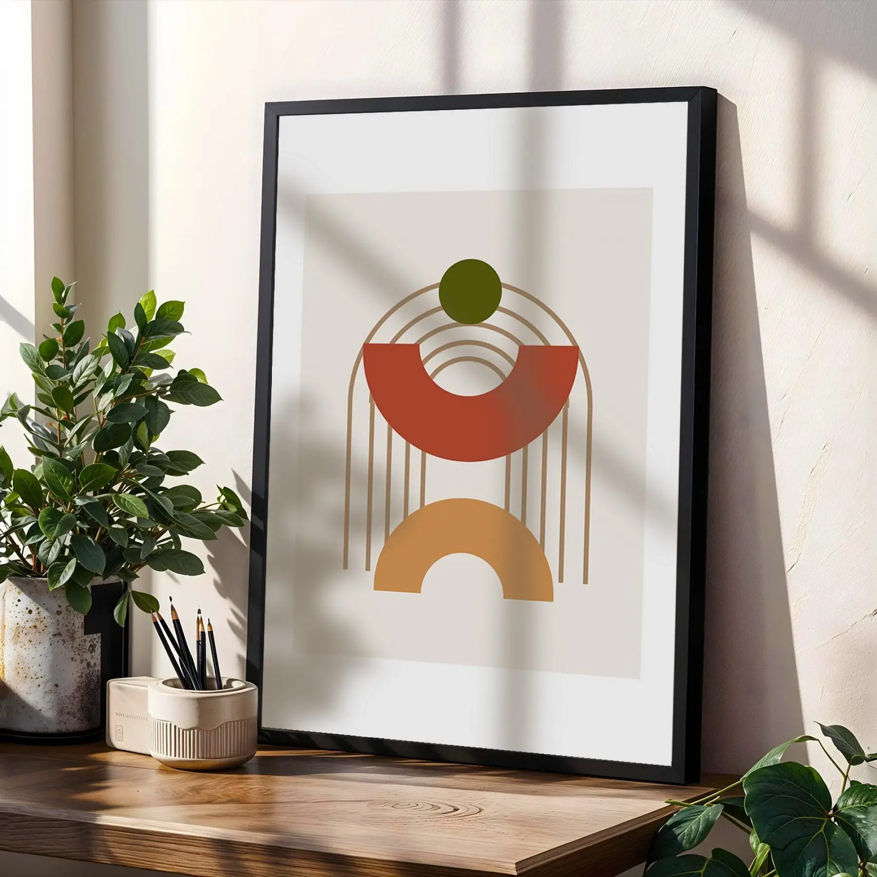 Toprak Tonlu Organik Geometri 3lü Siyah Çerçeveli Tablo Seti Poster Tablo Resim Çerçevesi Dekoratif
