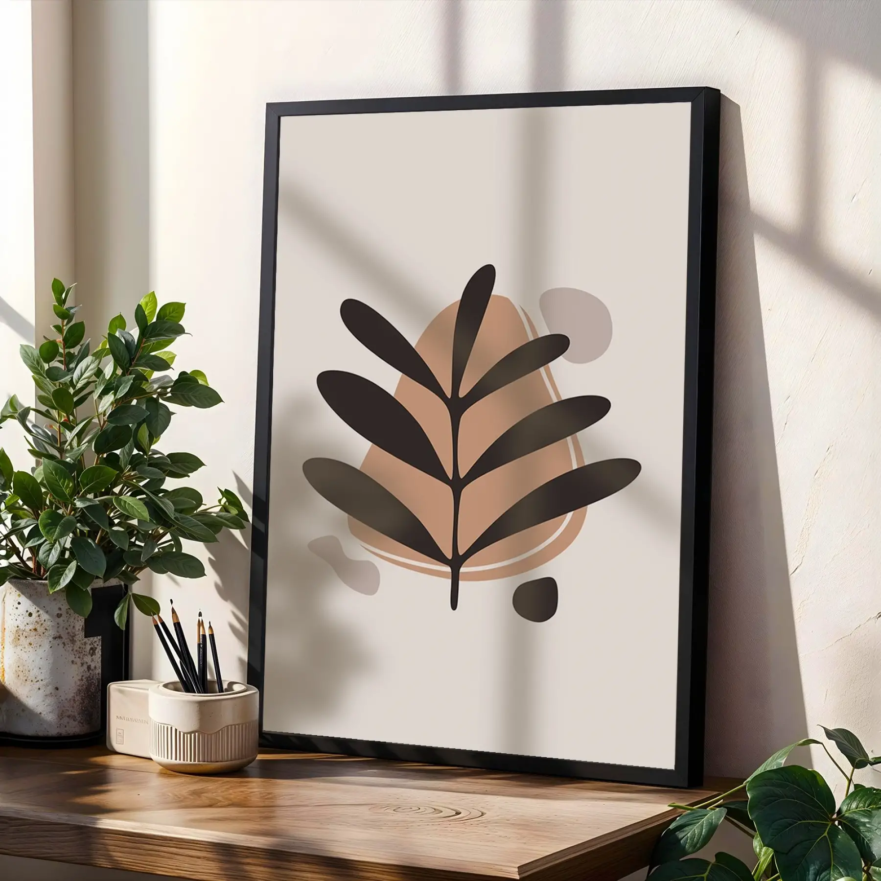 Organik Bej Tonları Tablo Seti 3lü Siyah Çerçeveli Tablo Seti Salon Duvar Tablo Poster Tablo