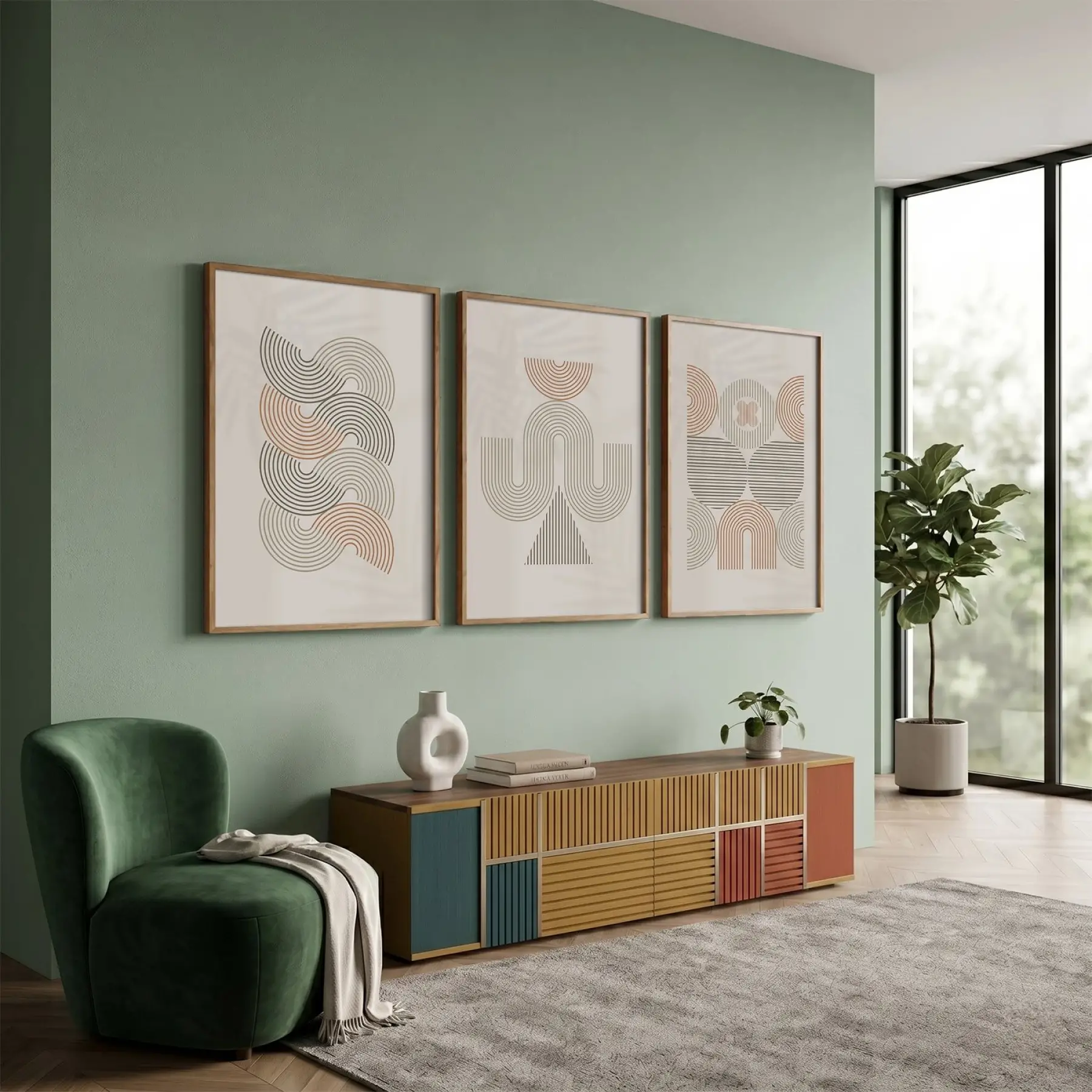Nötr Tonlarda Kavisli Soyut Set 3lü Ahşap Çerçeveli Tablo Seti Poster Tablo Resim Çerçevesi