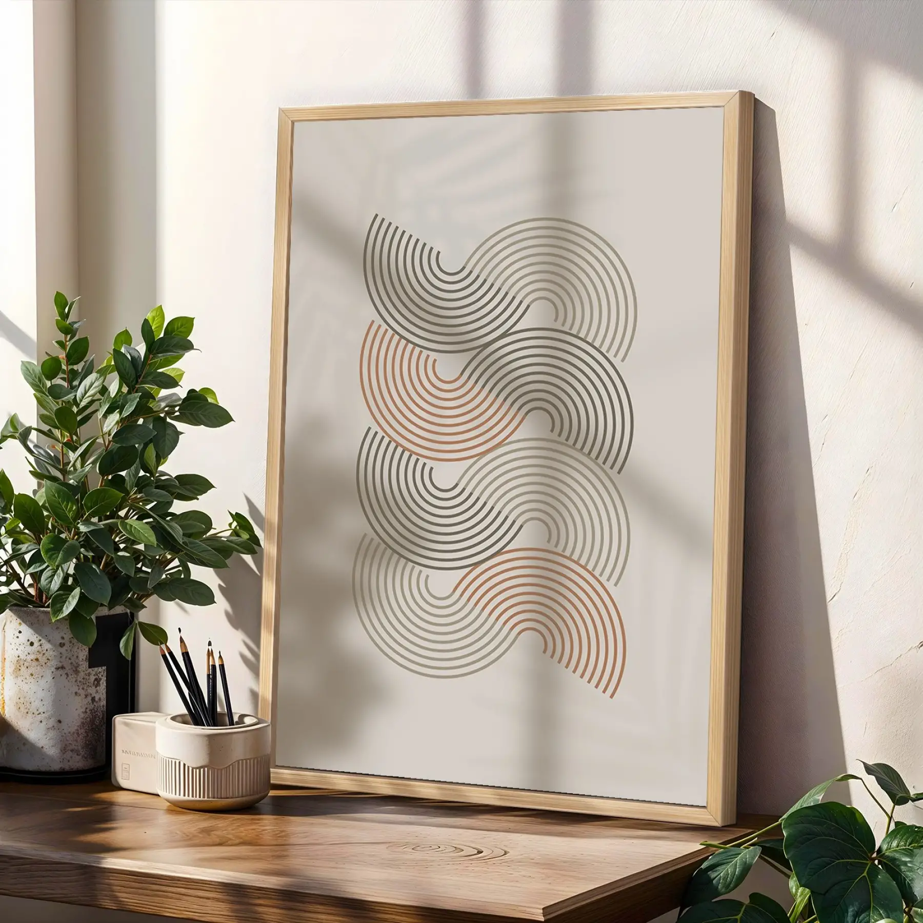 Nötr Tonlarda Kavisli Soyut Set 3lü Ahşap Çerçeveli Tablo Seti Poster Tablo Resim Çerçevesi