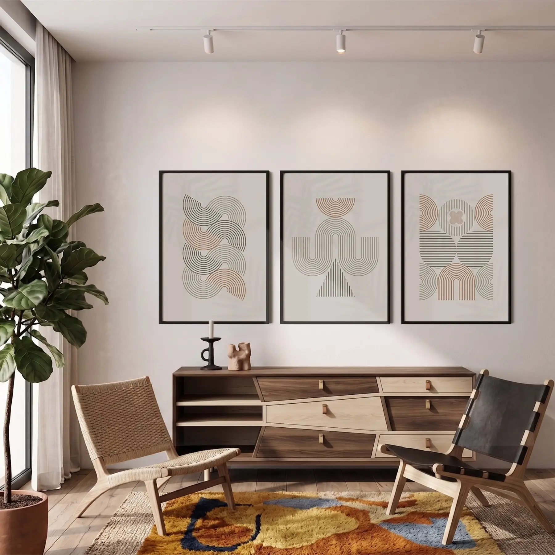Nötr Tonlarda Kavisli Soyut Set 3lü Siyah Çerçeveli Tablo Seti Resim Çerçevesi Tablo Salon