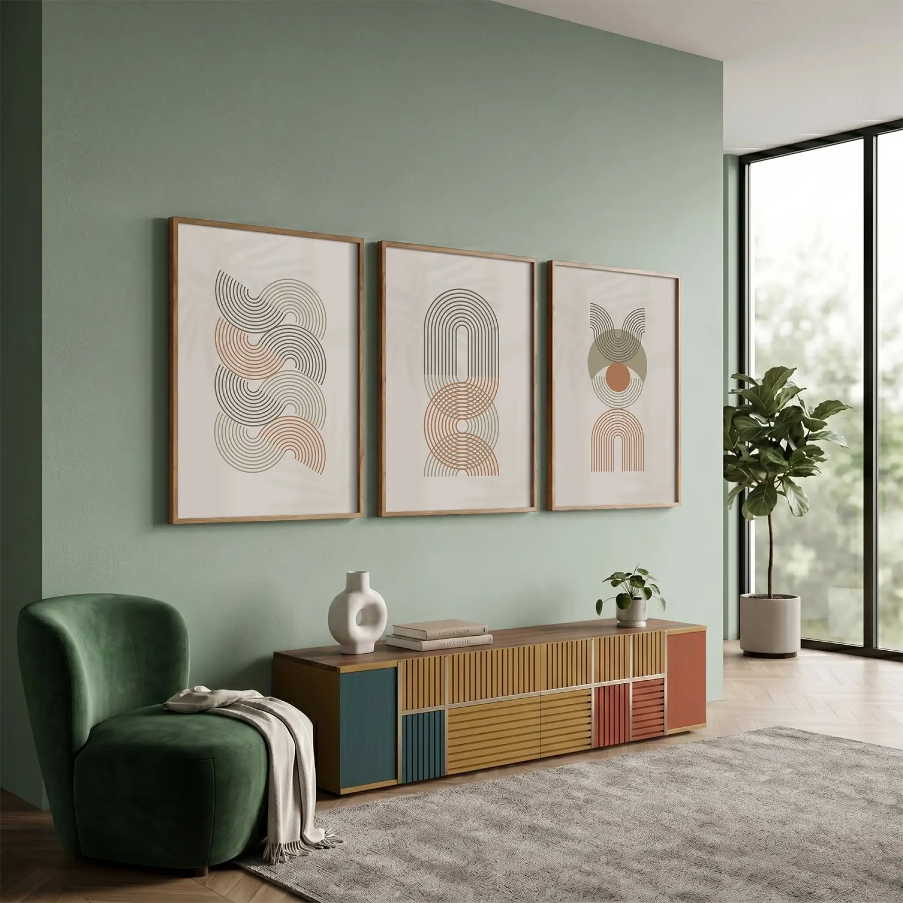 Toprak Tonlu Kavisli Desenler 3lü Ahşap Çerçeveli Tablo Seti Poster Tablo Resim Çerçevesi Dekoratif