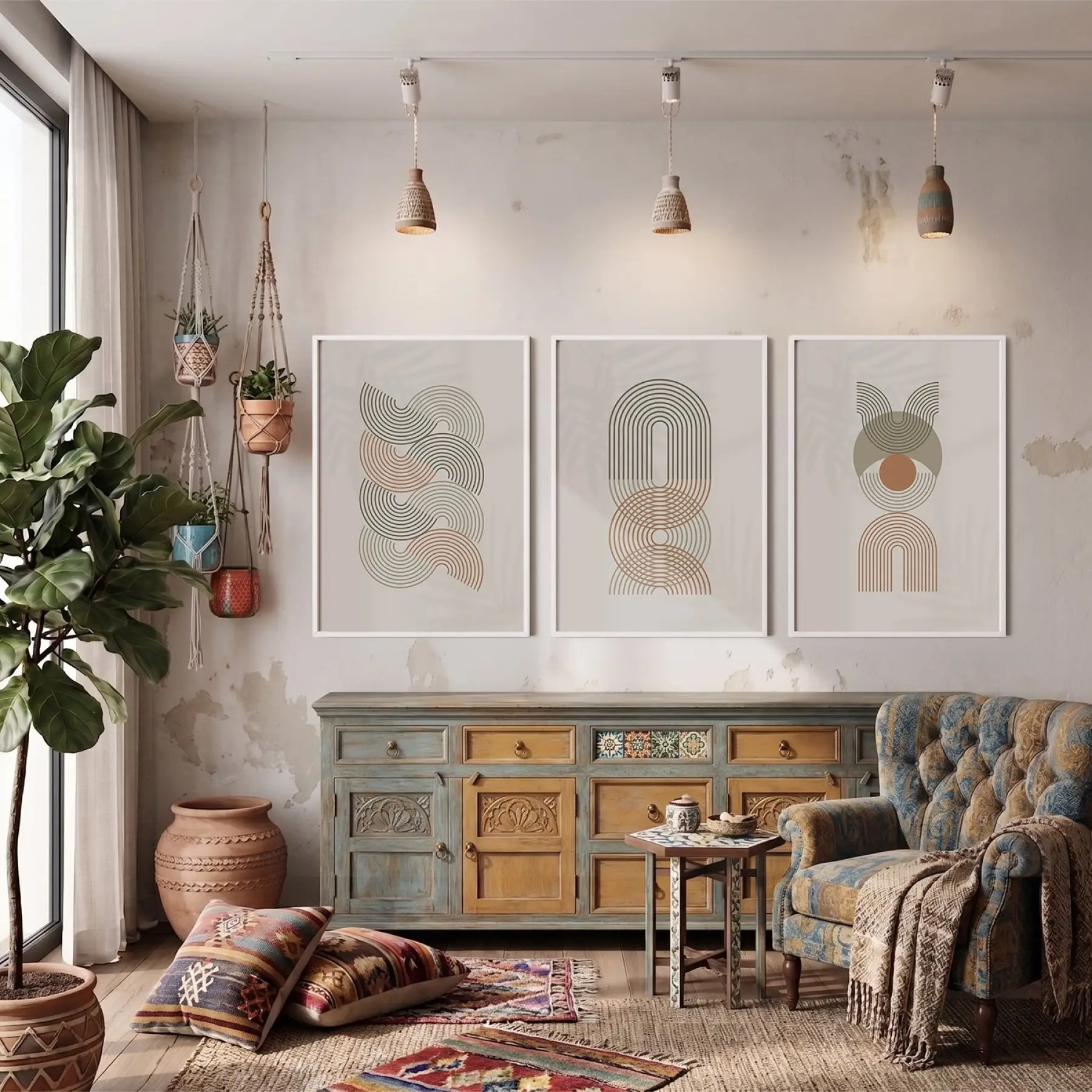 Toprak Tonlu Kavisli Desenler 3lü Beyaz Çerçeveli Tablo Seti Poster Tablo Duvar Tablo Ev