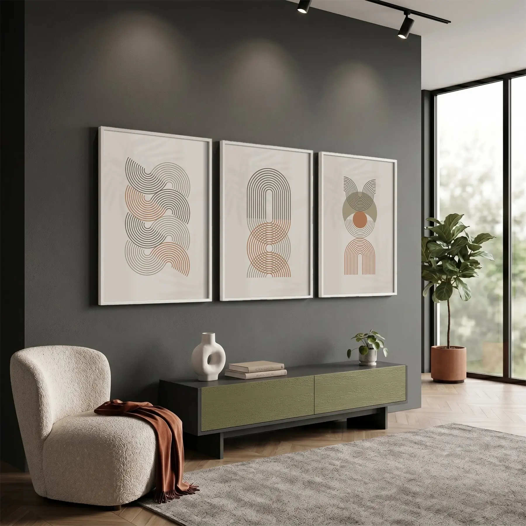 Toprak Tonlu Kavisli Desenler 3lü Beyaz Çerçeveli Tablo Seti Poster Tablo Duvar Tablo Ev
