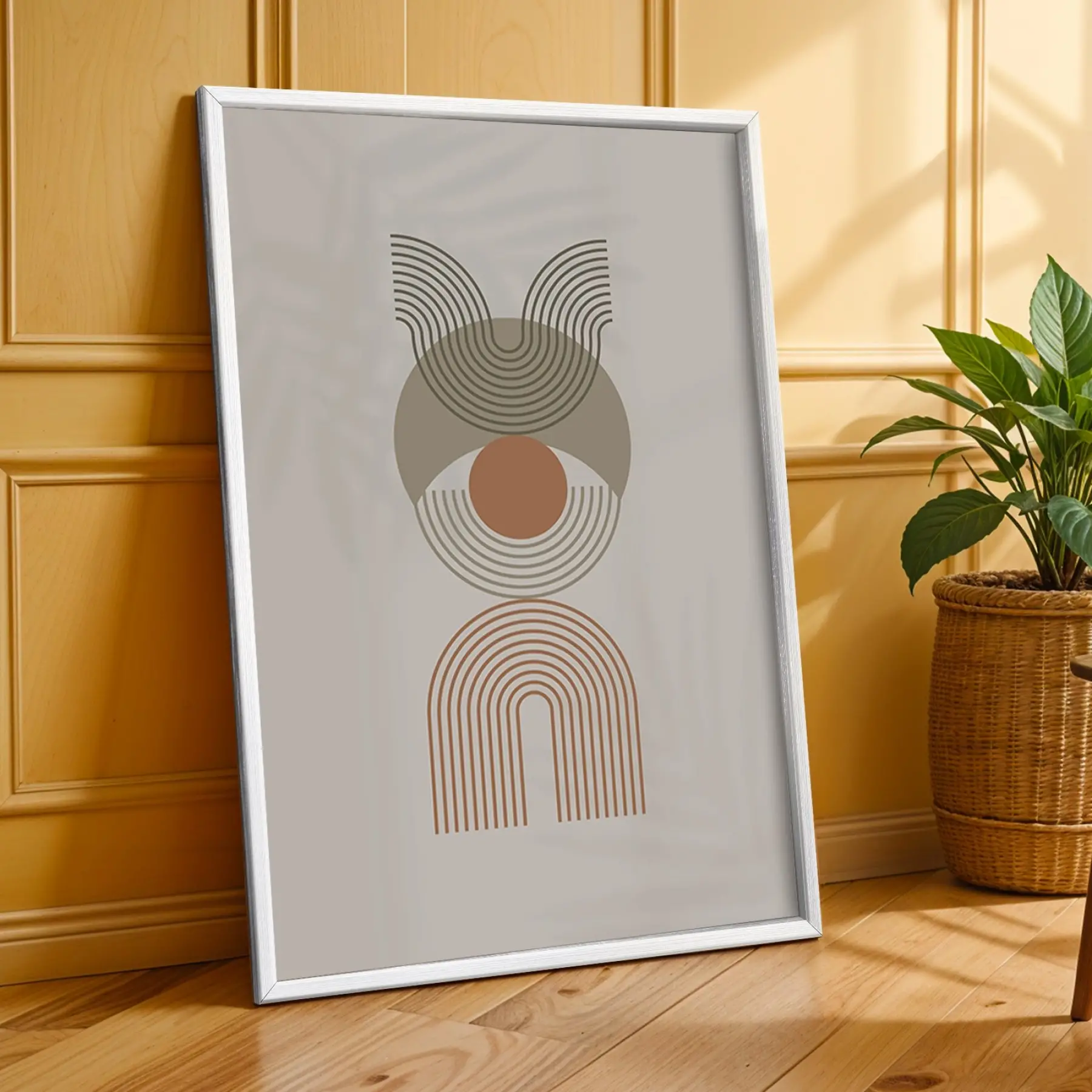 Toprak Tonlu Kavisli Desenler 3lü Beyaz Çerçeveli Tablo Seti Poster Tablo Duvar Tablo Ev