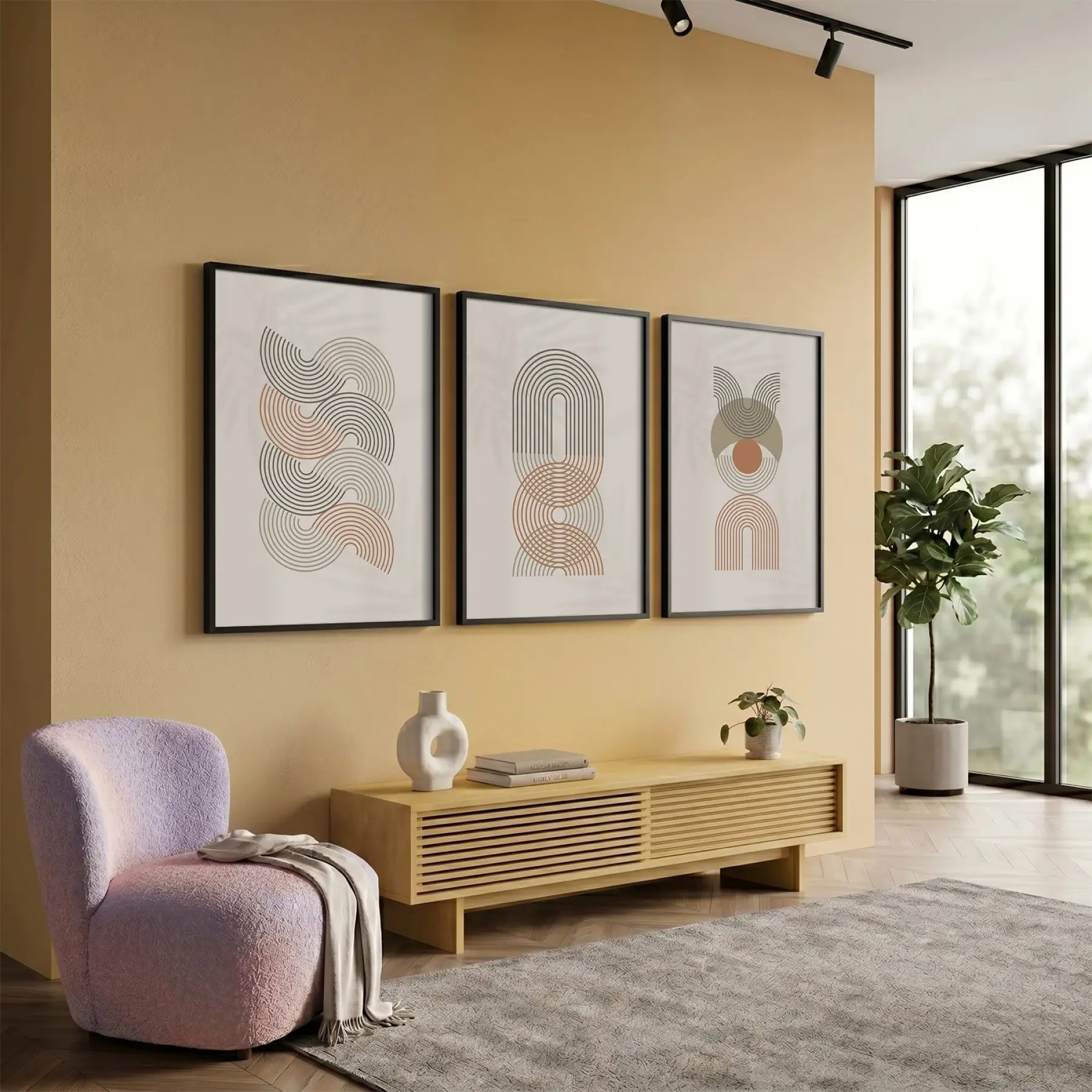 Toprak Tonlu Kavisli Desenler 3lü Siyah Çerçeveli Tablo Seti Salon Duvar Tablo Poster Tablo