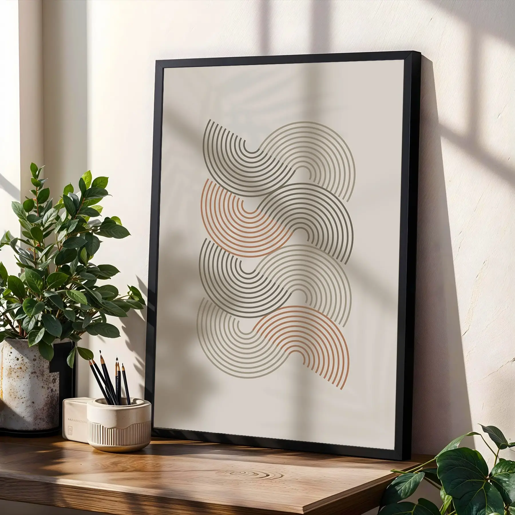 Toprak Tonlu Kavisli Desenler 3lü Siyah Çerçeveli Tablo Seti Salon Duvar Tablo Poster Tablo