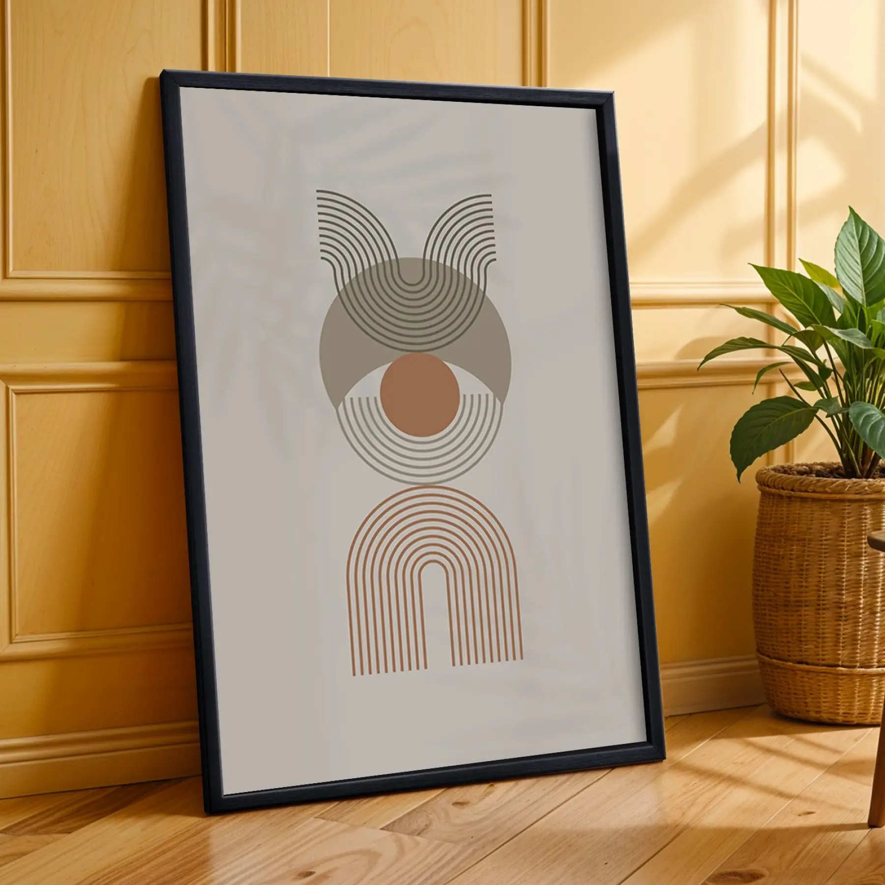 Toprak Tonlu Kavisli Desenler 3lü Siyah Çerçeveli Tablo Seti Salon Duvar Tablo Poster Tablo